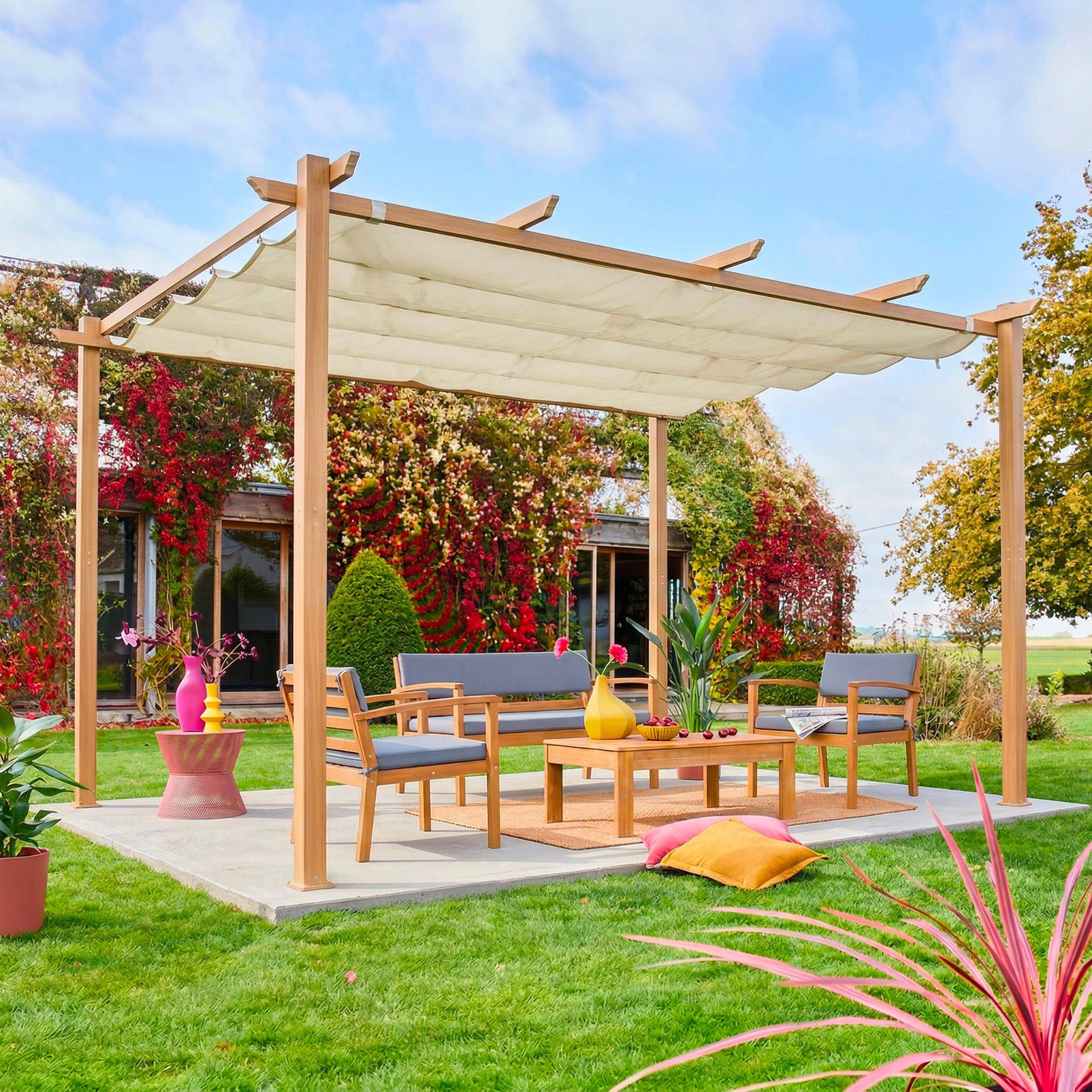 Pergola aus Aluminium 3x4 m - Holzoptik, Stoff ecru - Idealer Pavillon für Ihre Terrasse, einziehbares Dach, Schiebedach, Aluminiumgestell - Isla,sweeek,Photo1