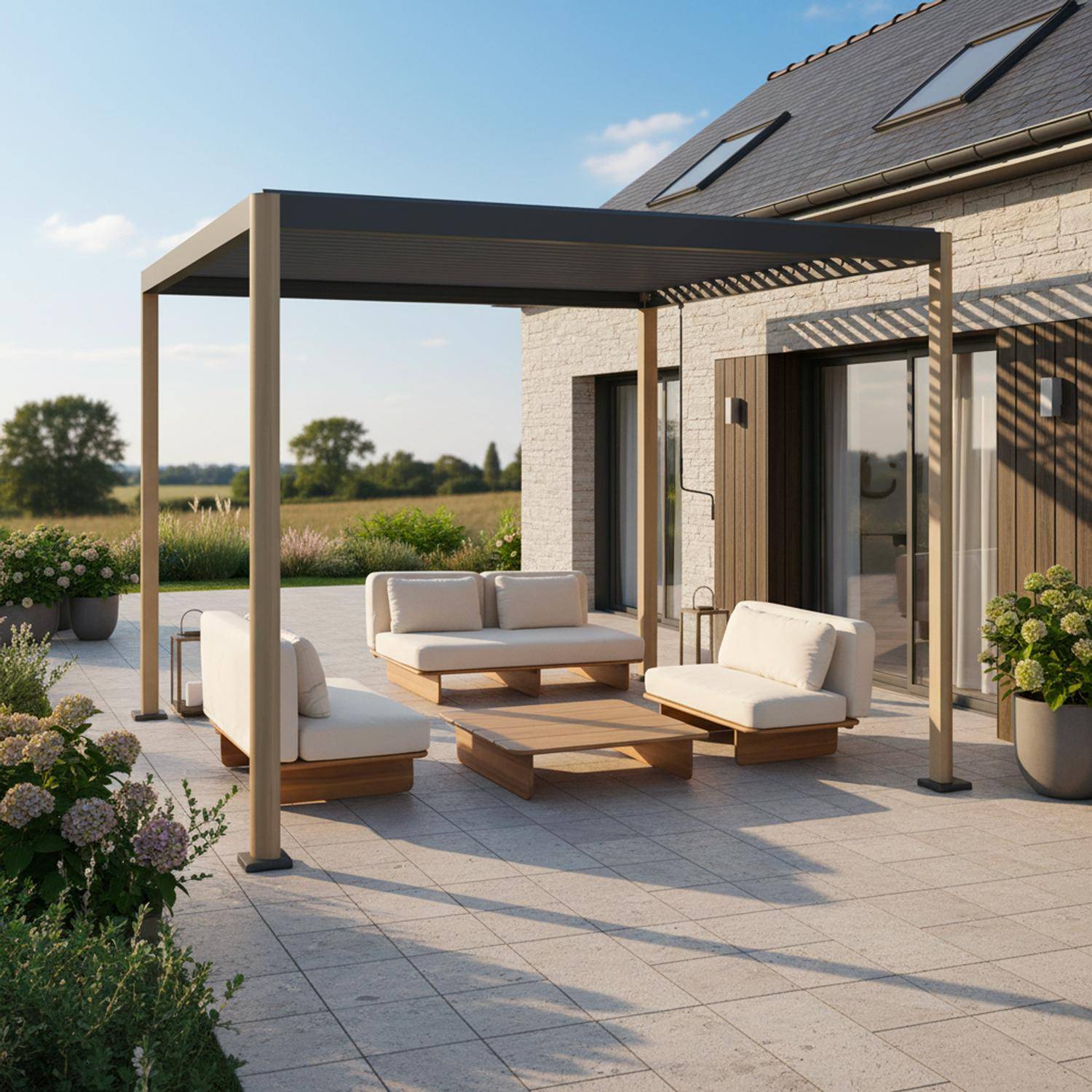 Pérgola bioclimática 3x3m de aluminio y acero con lamas orientables, Imperial 3x3m, Madera, 300x300x235 cm,sweeek,Photo1