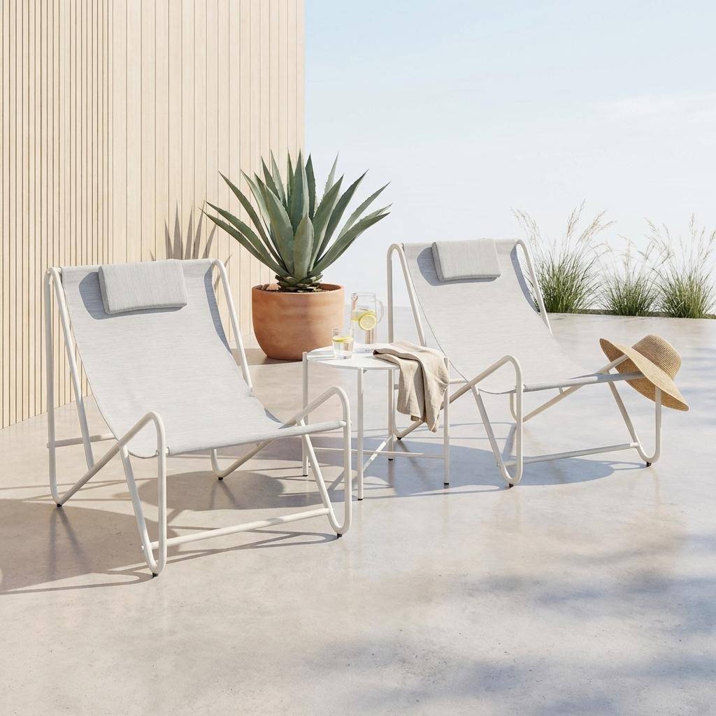 Conjunto de 2 poltronas reclináveis com mesa redonda em aço Bege - 101x76x66 cm,sweeek,Photo2