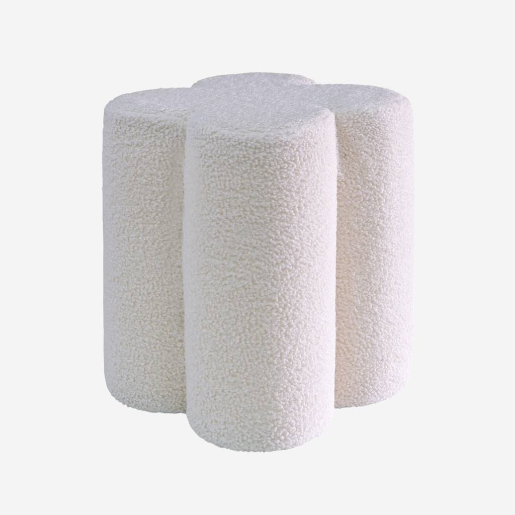 Pouf tabouret trèfle bouclette blanc Ø38 x H 40cm