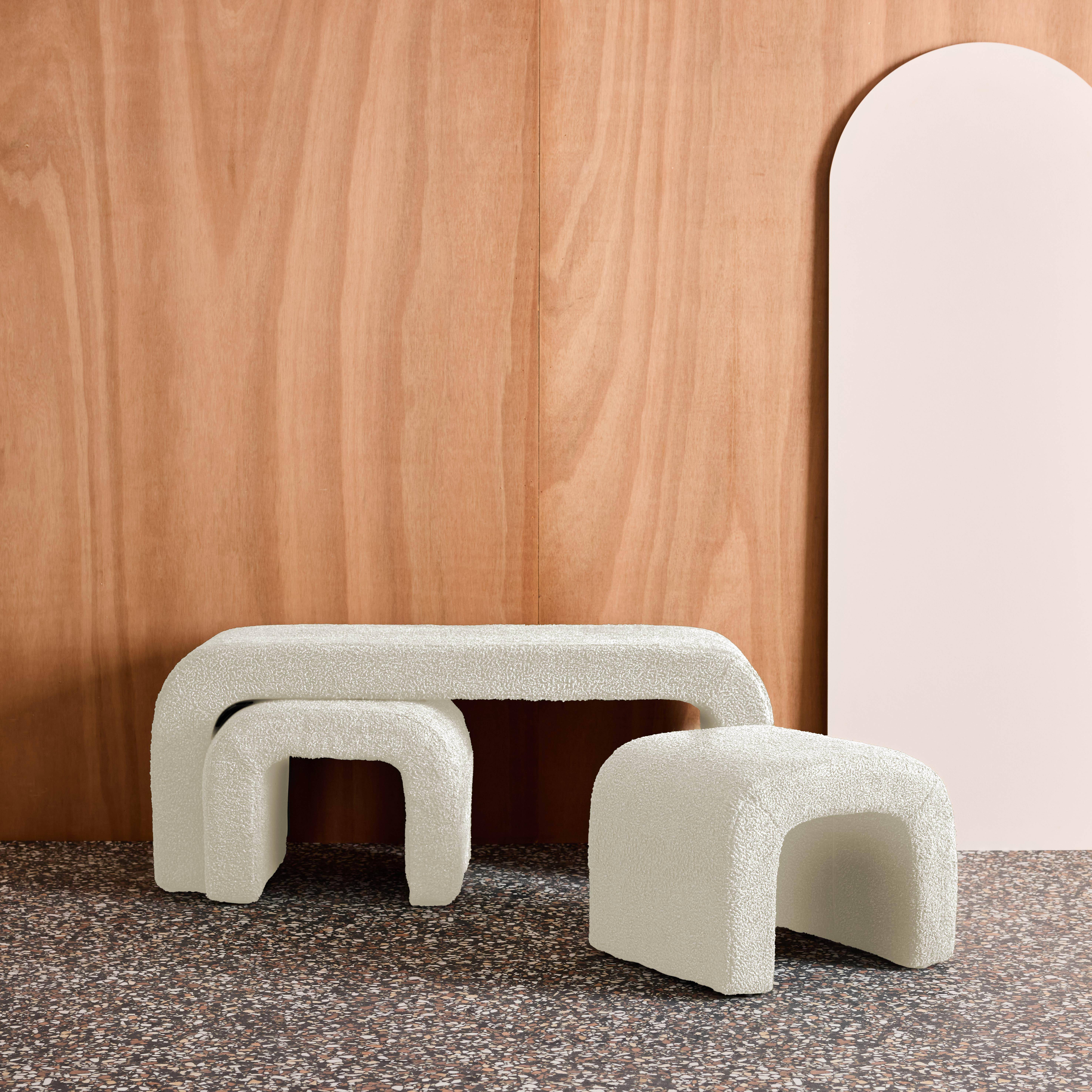 Banco y taburetes nido en borreguito, Ino, Blanco, 112x40x45 cm Photo1