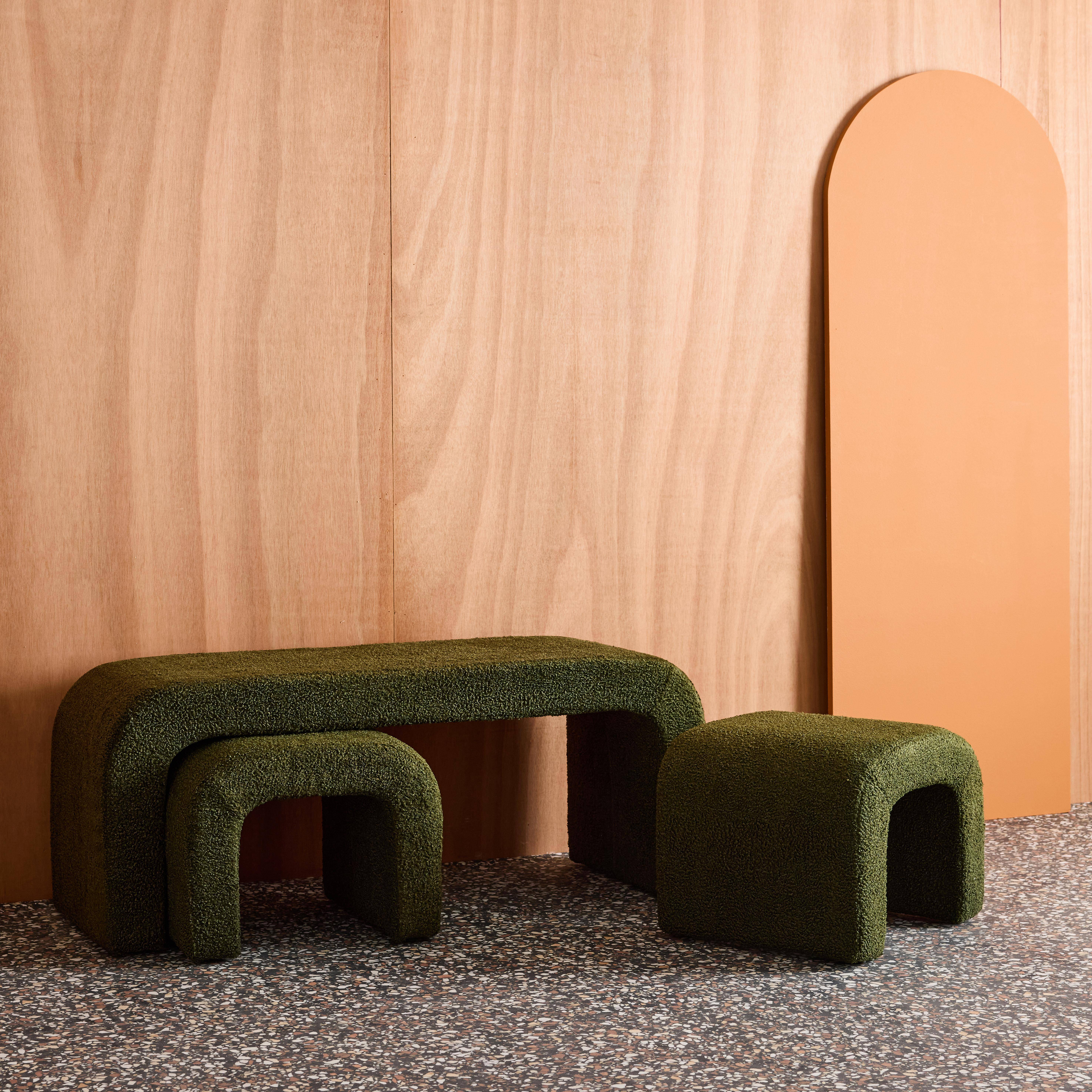 Banc et tabourets gigognes bouclette kaki L 112 x P 40 x H 45cm - Ino,sweeek,Photo4