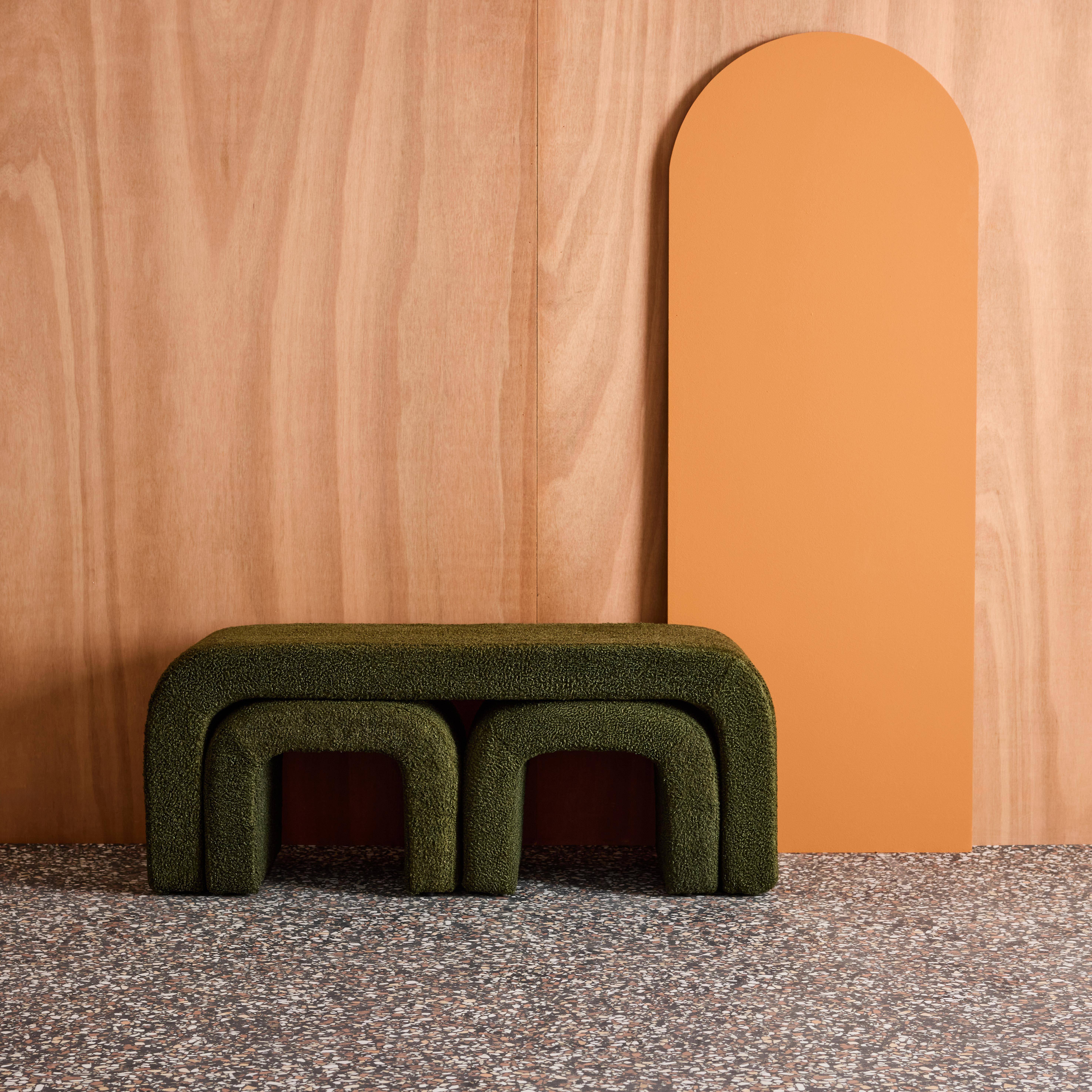 Banc et tabourets gigognes bouclette kaki L 112 x P 40 x H 45cm - Ino Photo3