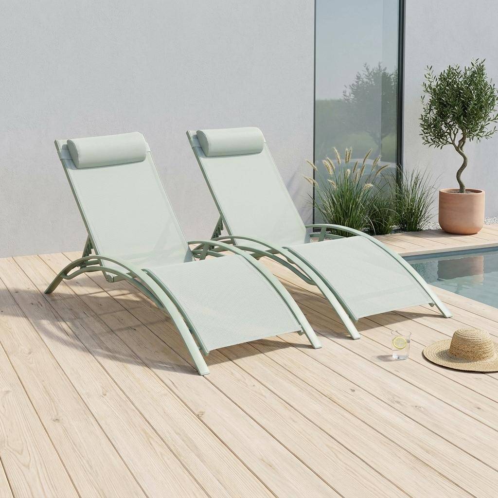 Set of 2 aluminium and textilene sun loungers, 4 reclining positions Sage Green 167x64x82 cm - Louisa Photo1