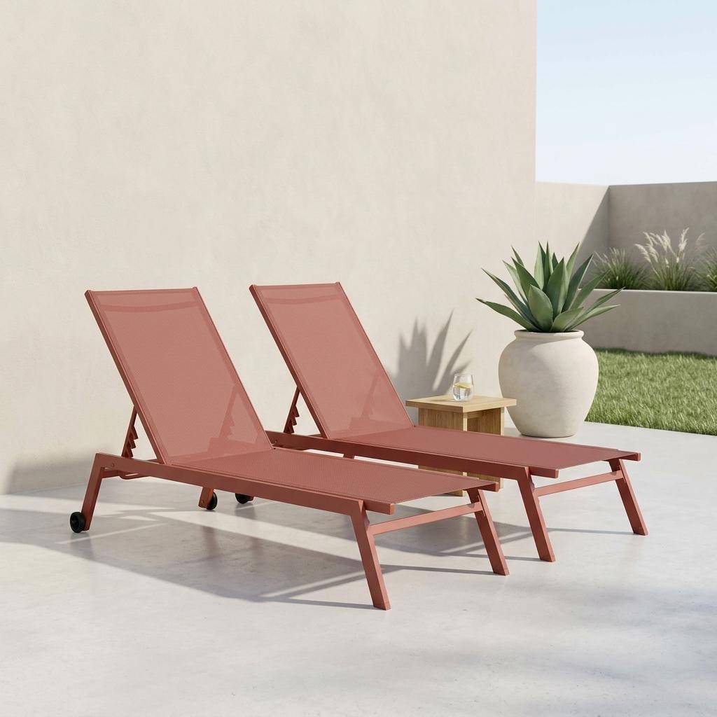 Aluminium ligstoelen, meerdere standen, met wieltjes (set van 2) terracotta 191,5x55x31cm- Elsa Photo1