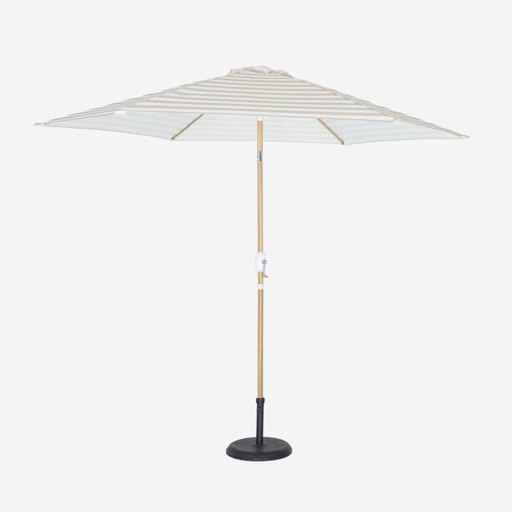 Parasol rond rayures beige 293cm mât central imitation bois