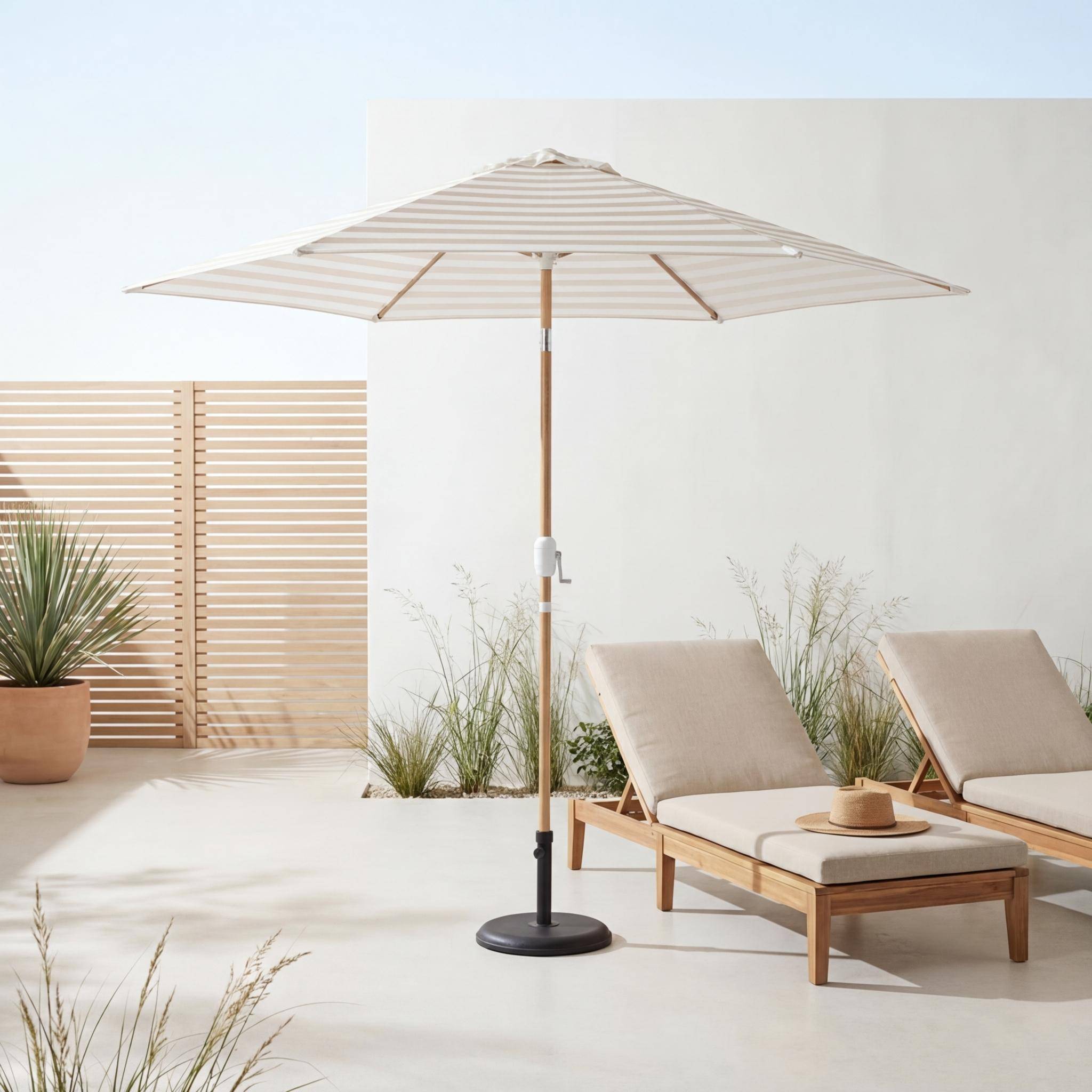 Sombrilla redonda 3m de mástil central con efecto madera Rayas beige - 293x293x250 cm,sweeek,Photo1