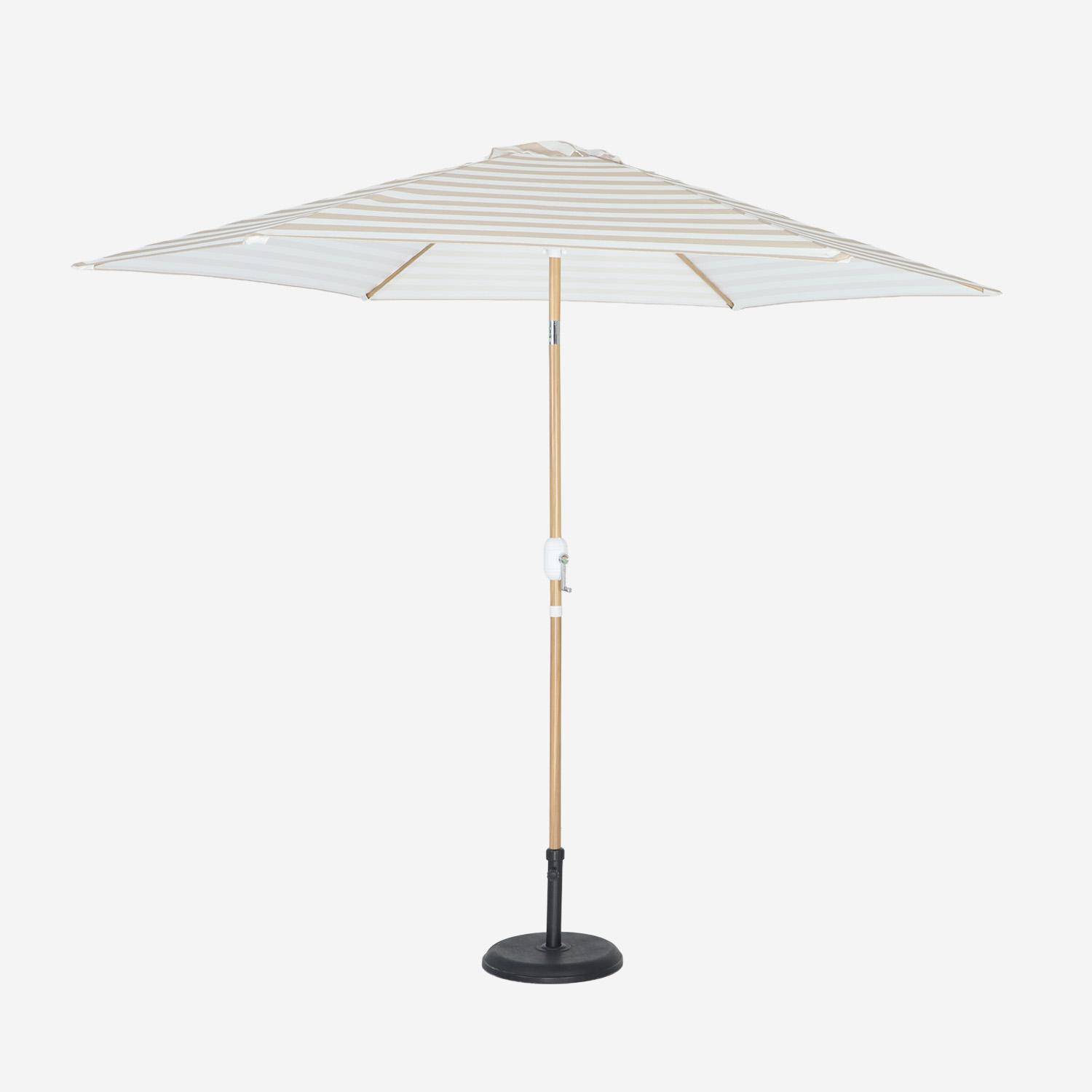 Sombrilla redonda 3m de mástil central con efecto madera, Touquet, Rayas beige, 293x293x250 cm Photo1