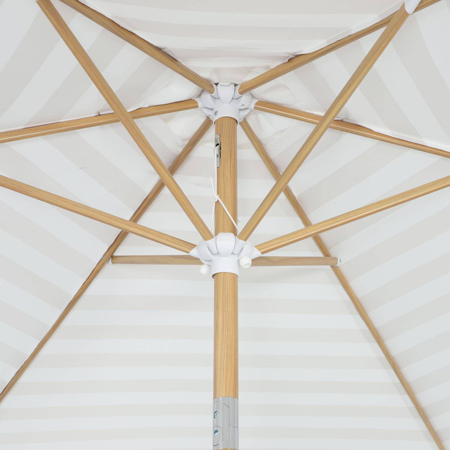 Sombrilla redonda 3m de mástil central con efecto madera, Touquet, Rayas beige, 293x293x250 cm,sweeek,Photo5