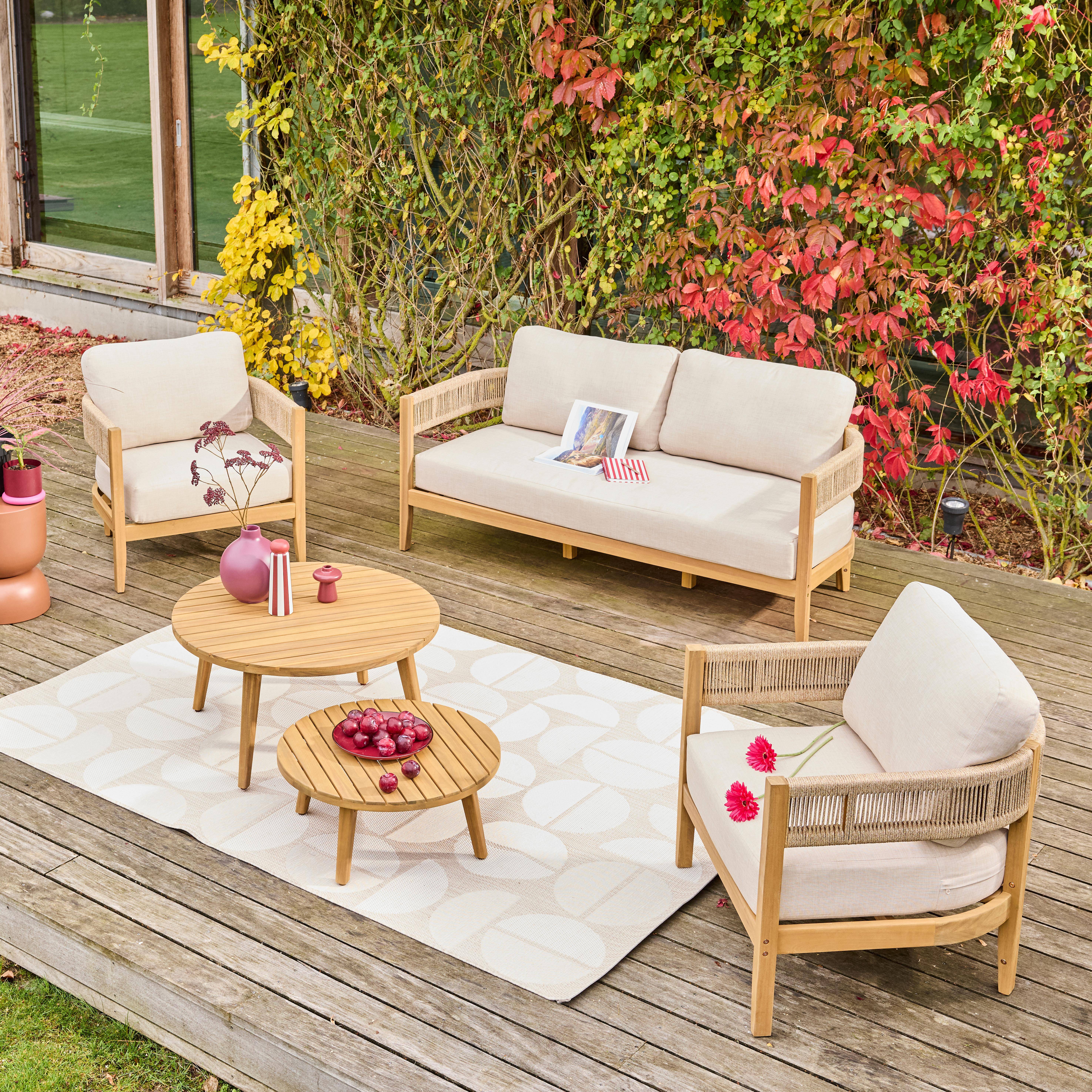 Salon de jardin bois d'acacia et cordes beige 4 places, tables rondes - Samos Photo2