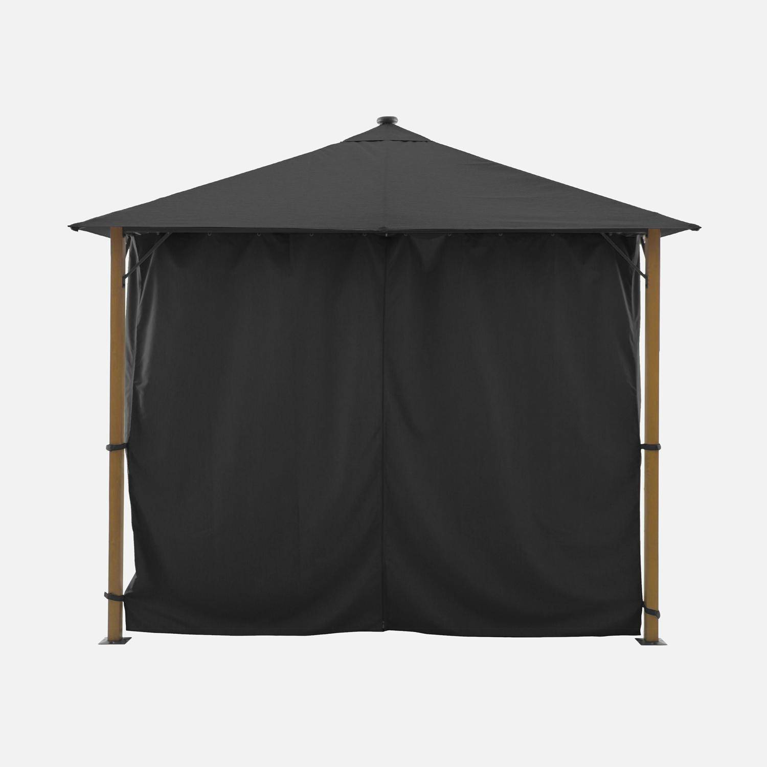 Tonnelle 3x3m aluminium effet bois avec rideaux et led anthracite - Veluna Photo3