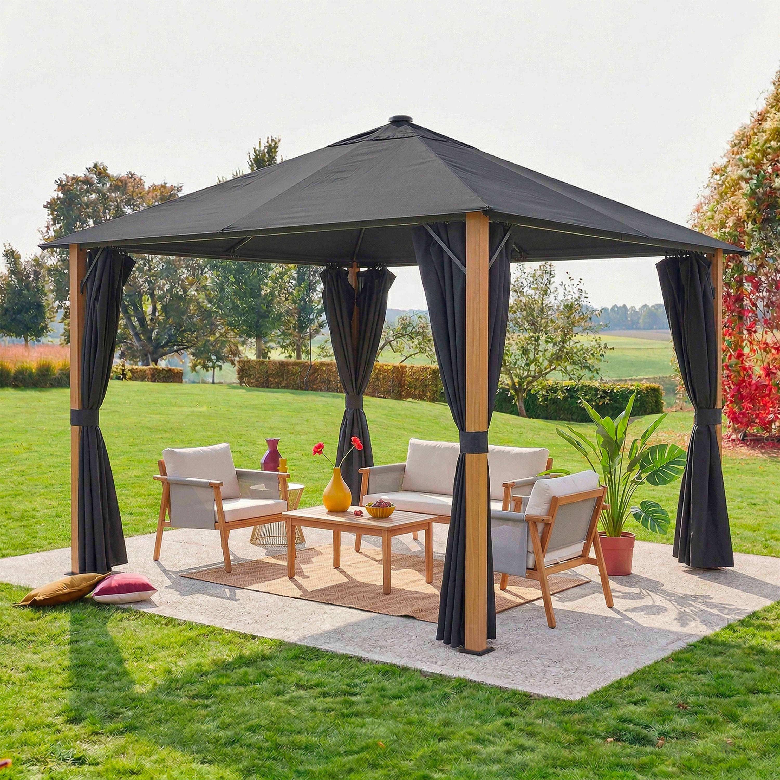 Gazebo 3x3m em alumínio com efeito madeira, cortinas e led Antracite - 299x299x286 cm Photo1