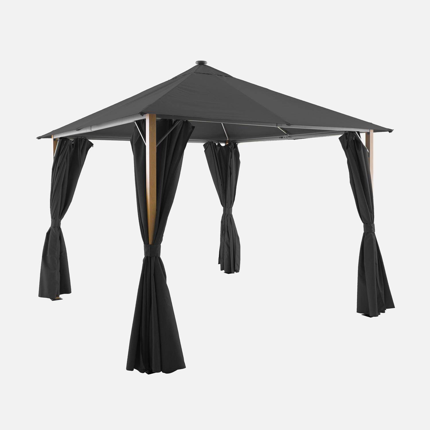 Tonnelle 3x3m aluminium effet bois avec rideaux et led anthracite - Veluna,sweeek,Photo1
