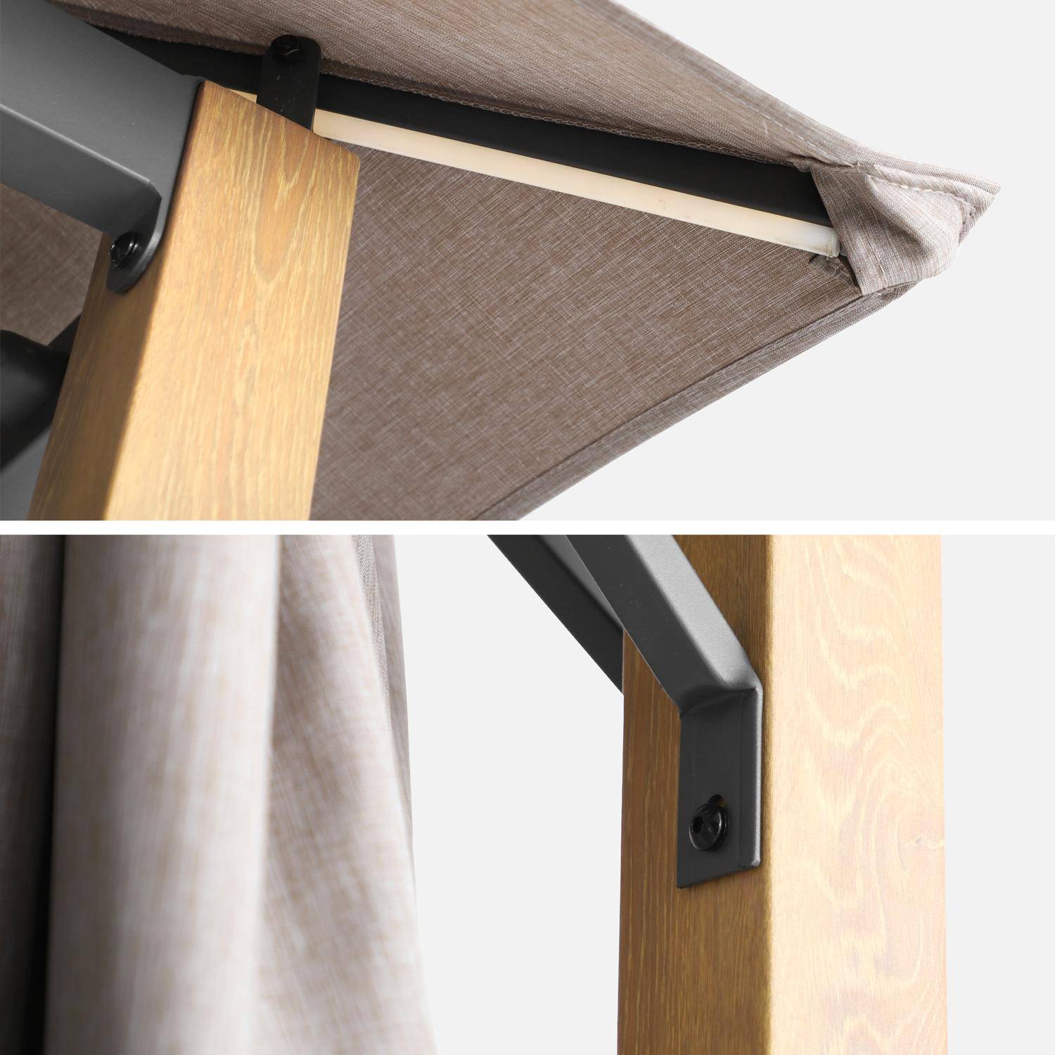Tonnelle 3x3m aluminium effet bois avec rideaux et led beige - Veluna Photo4