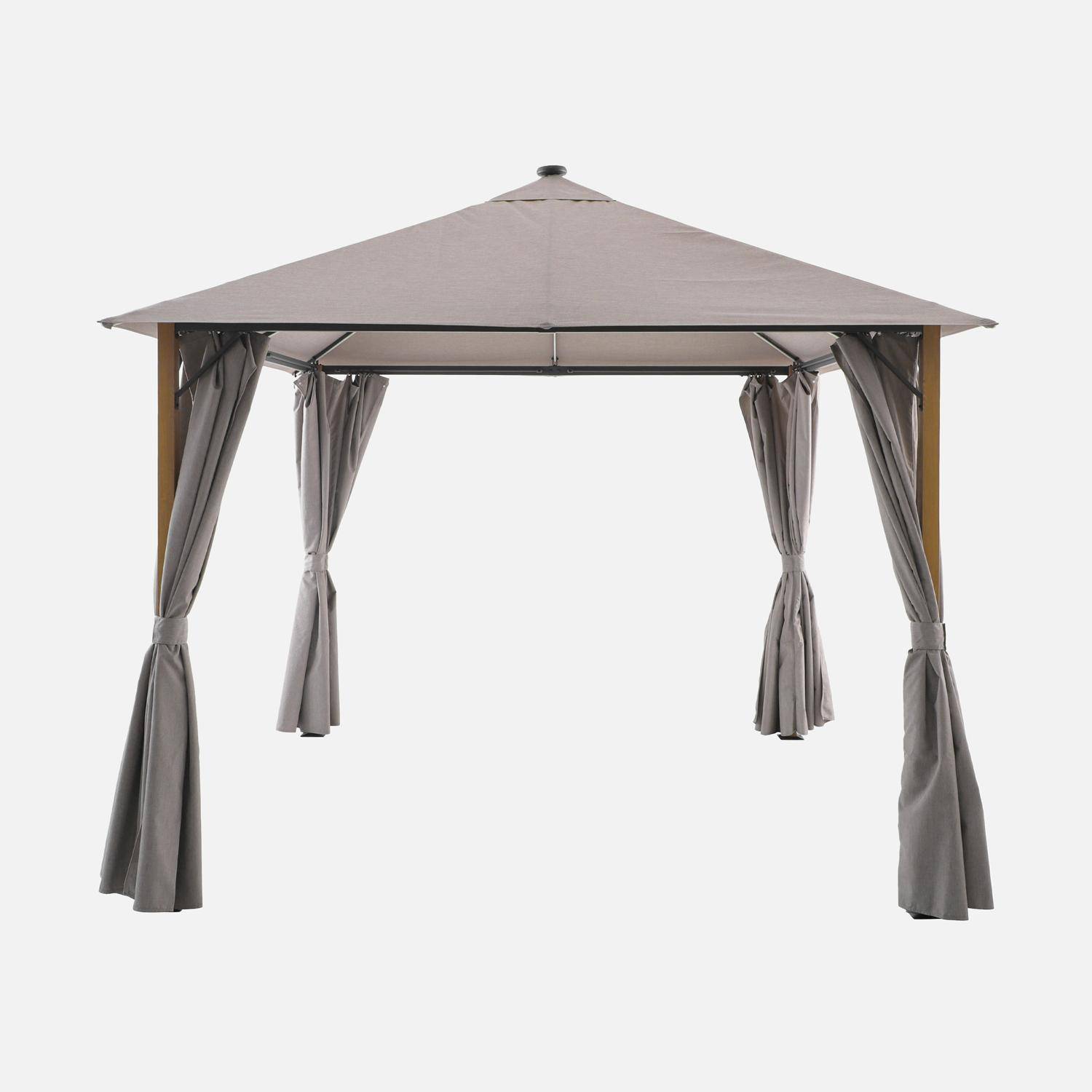 Tonnelle 3x3m aluminium effet bois avec rideaux et led beige - Veluna Photo2