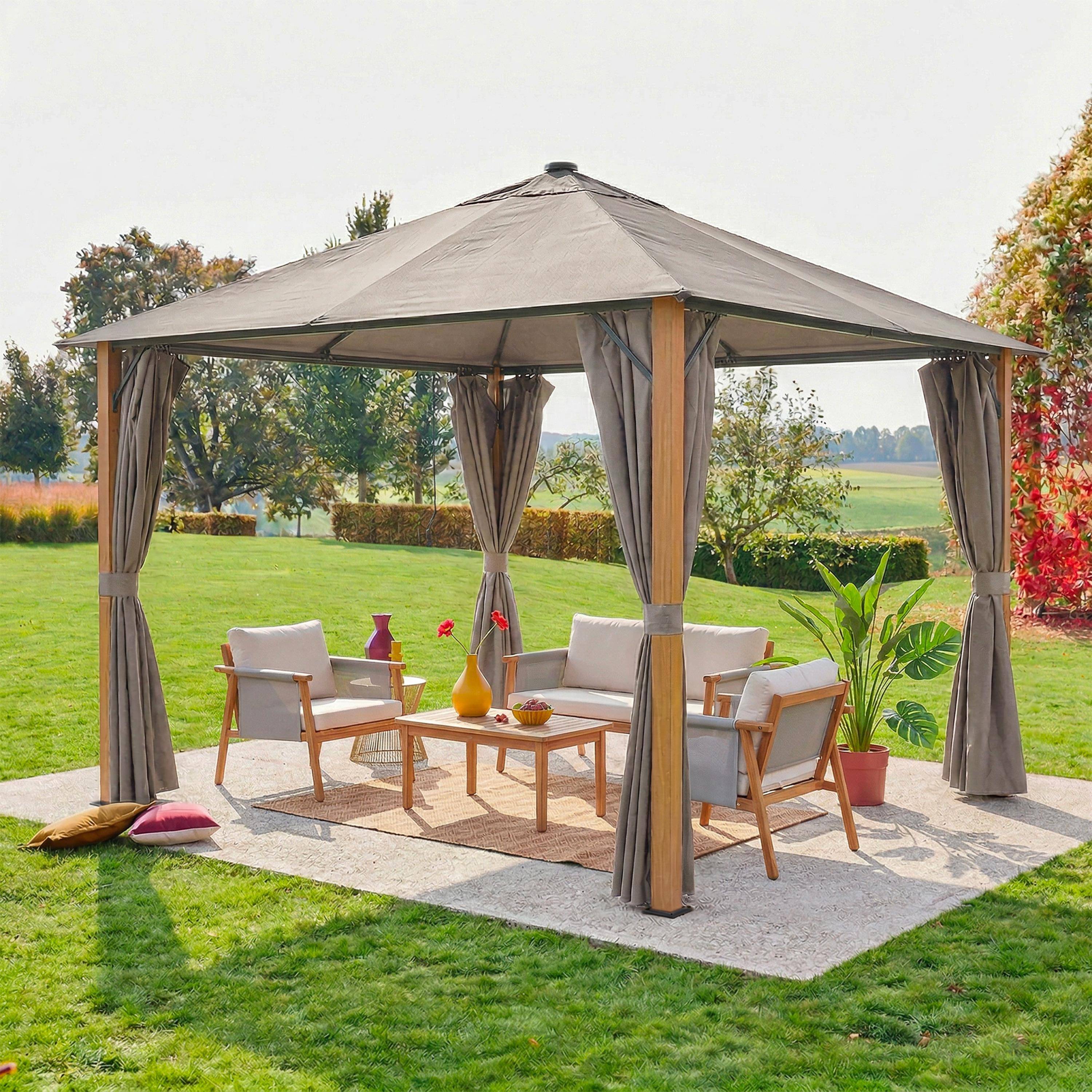 Gazebo de jardín 3x3m de aluminio efecto madera con cortinas y led Beige - 299x299x286 cm Photo1