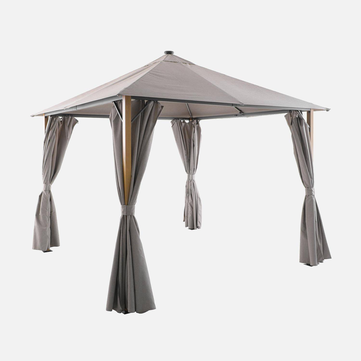 Tonnelle 3x3m aluminium effet bois avec rideaux et led beige - Veluna Photo1