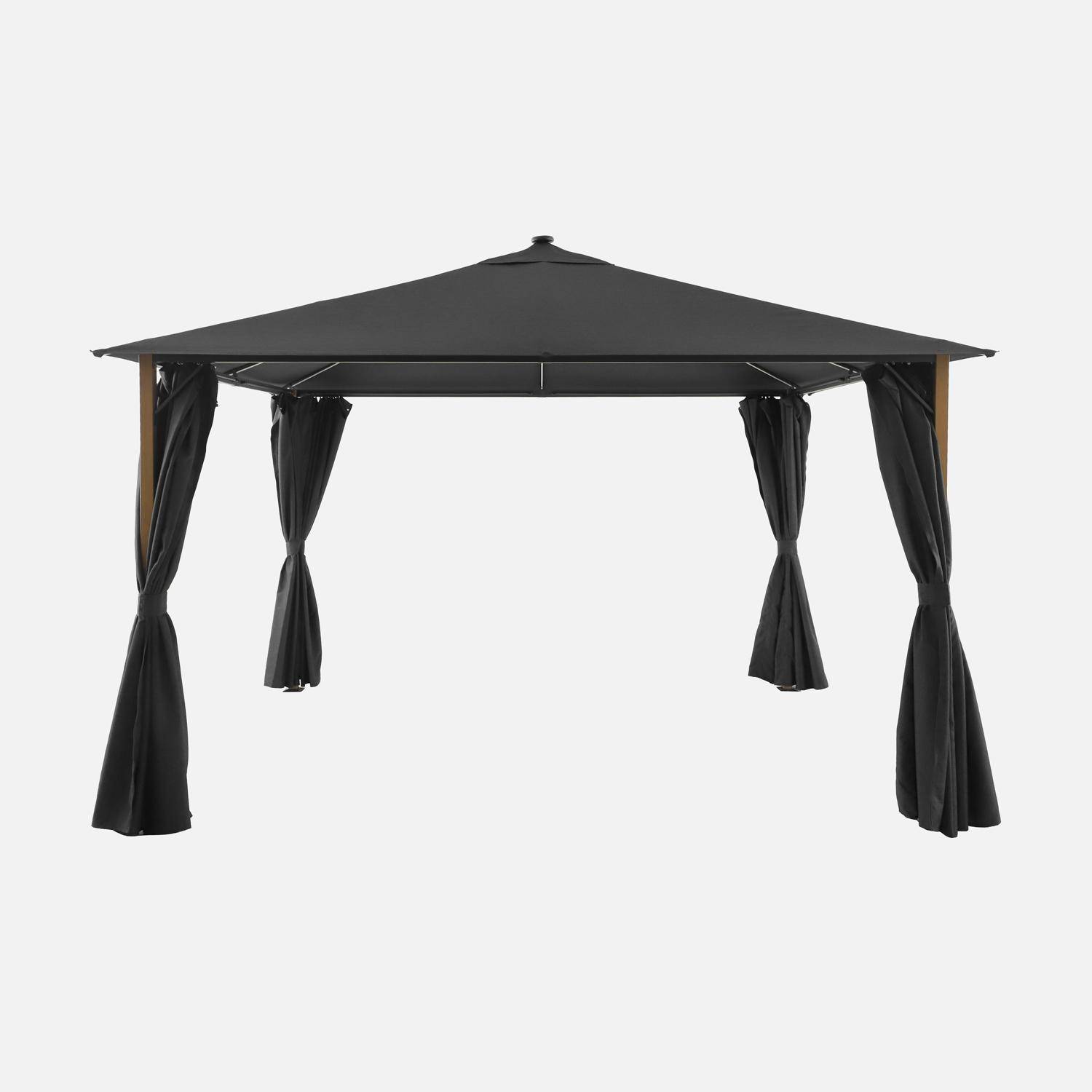 Tonnelle 4x3m aluminium effet bois avec rideaux et led anthracite - Veluna Photo2