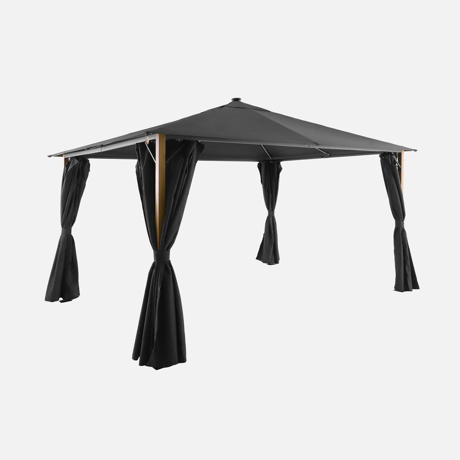 Tonnelle 4x3m aluminium effet bois avec rideaux et led anthracite - Veluna Photo1
