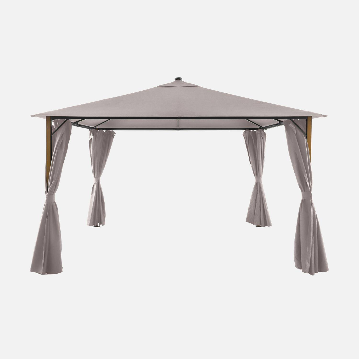 Tonnelle 4x3m aluminium effet bois avec rideaux et led beige - Veluna Photo2