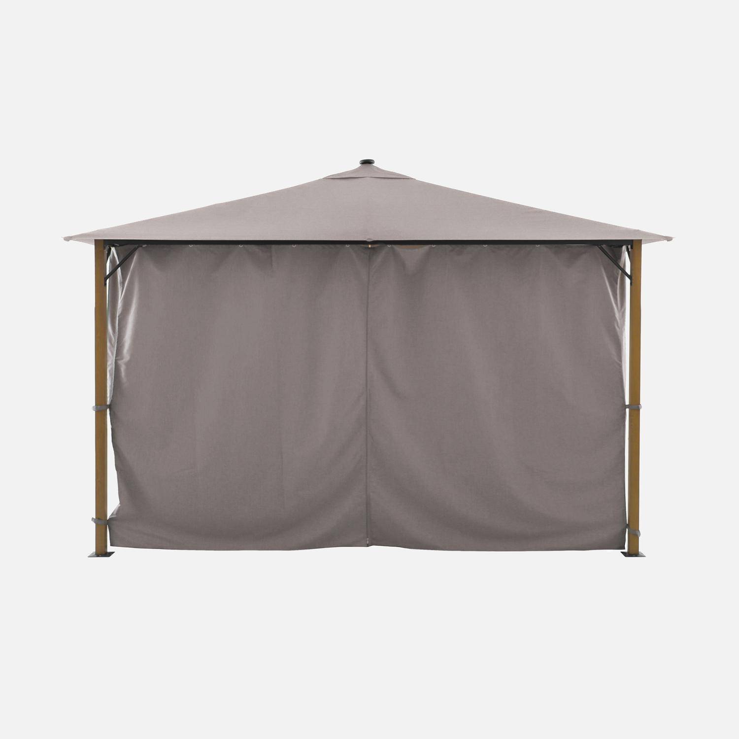 Tonnelle 4x3m aluminium effet bois avec rideaux et led beige - Veluna Photo3