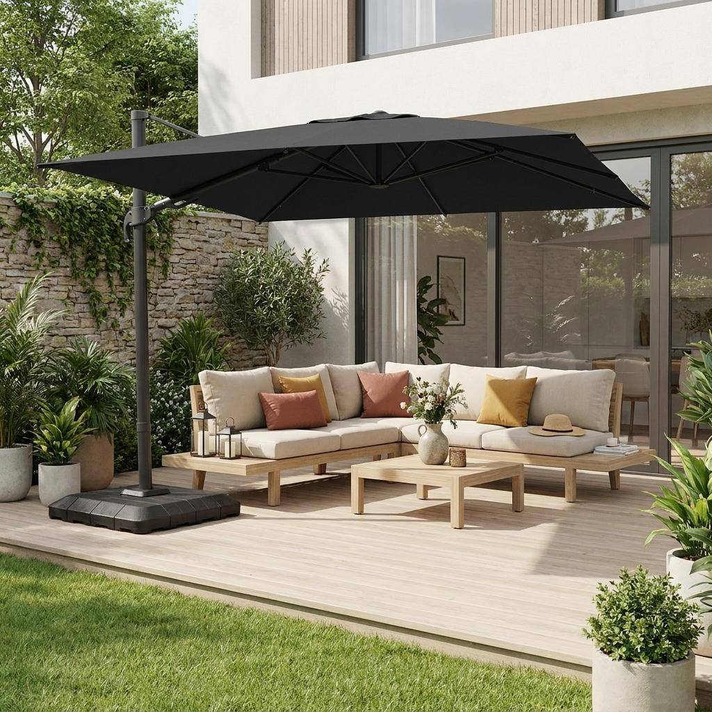 Rectangular cantilever parasol 3x4m + cover and ballast slabs 98x98cm anthracite - Ombrea Photo1