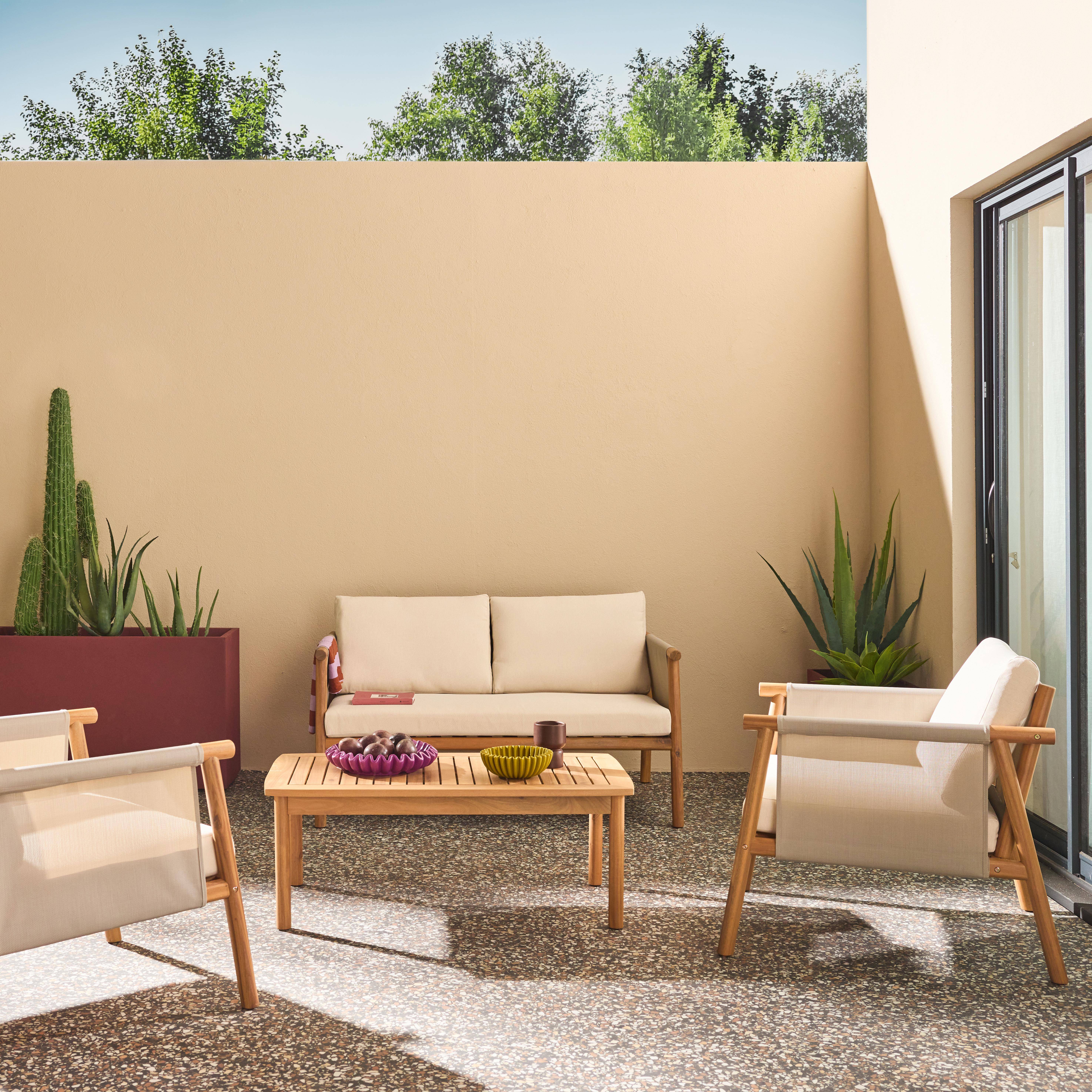 Salotto da giardino in legno di acacia e tessuto beige, 4 posti Beige - 128x82x75 cm,sweeek,Photo2