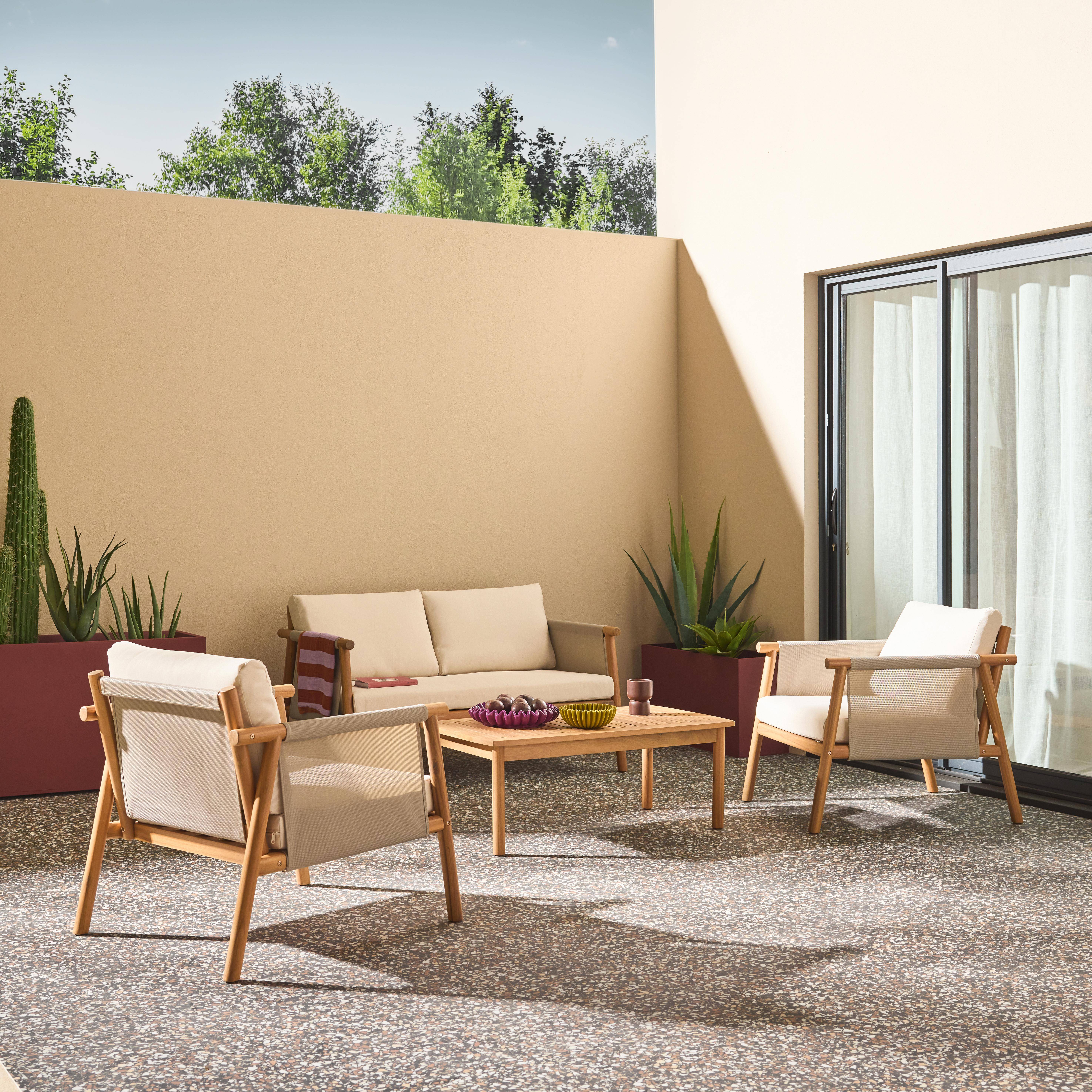 Salotto da giardino in legno di acacia e tessuto beige, 4 posti Beige - 128x82x75 cm Photo1