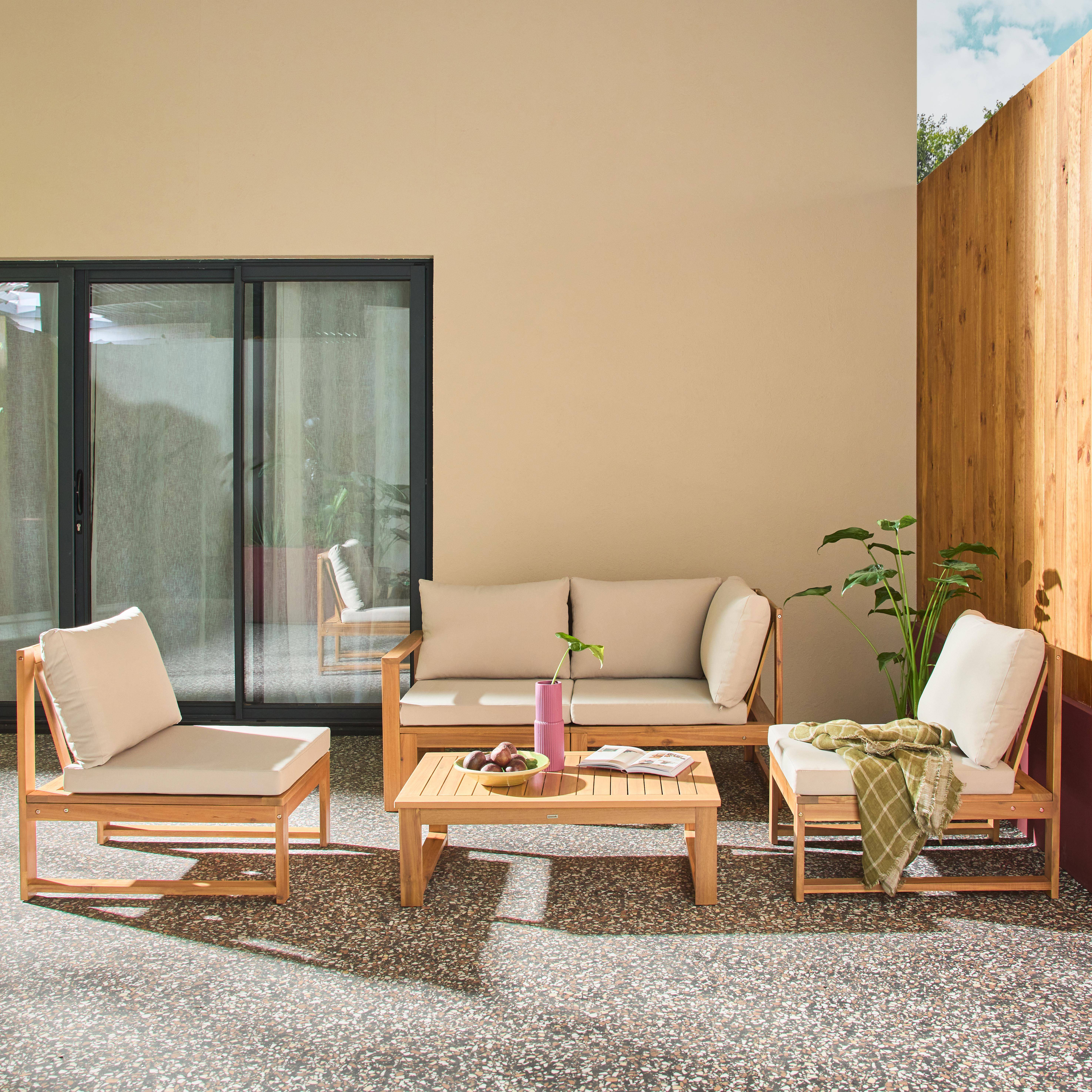 Salon de jardin modulable bois d'acacia et tissu beige 4 places - Tula Photo3