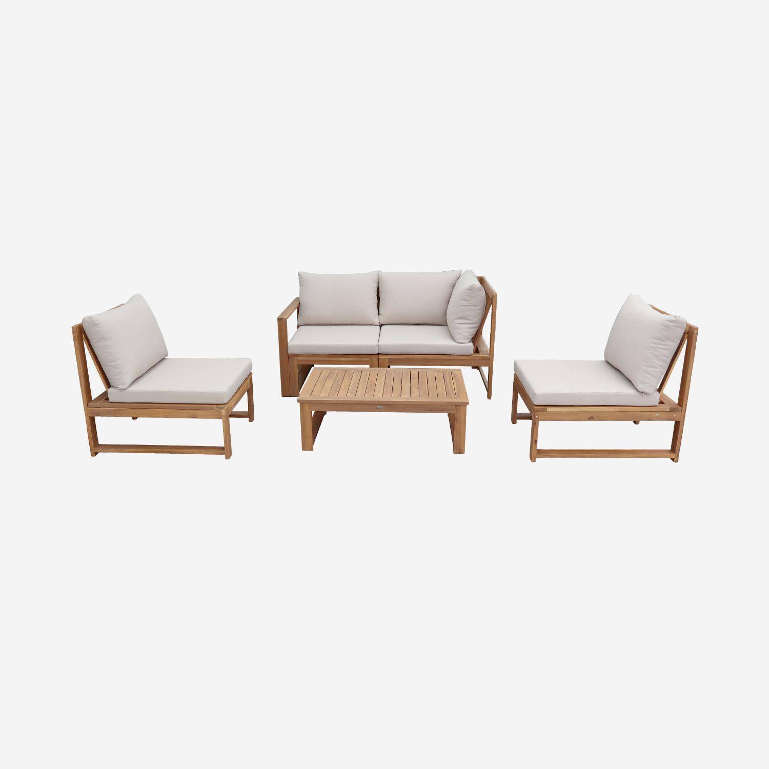 Salotto da giardino modulare in legno di acacia e tessuto beige, 4 posti Beige - 90x60x30 cm,sweeek,Photo2