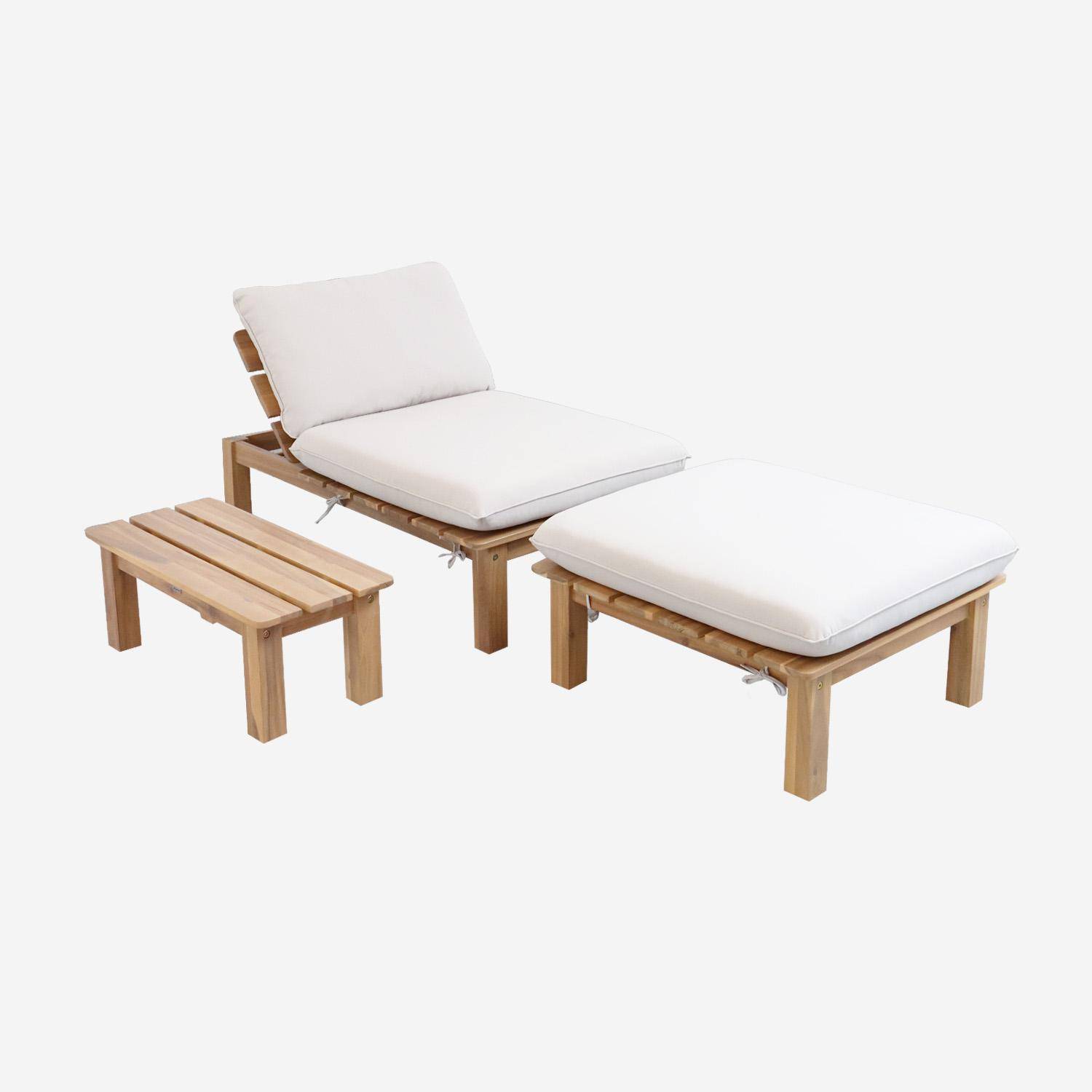 Lettino prendisole modulabile in legno di acacia multi-posizione con tavolino, Mae, Marrone naturale, 65x70x27 cm Photo1