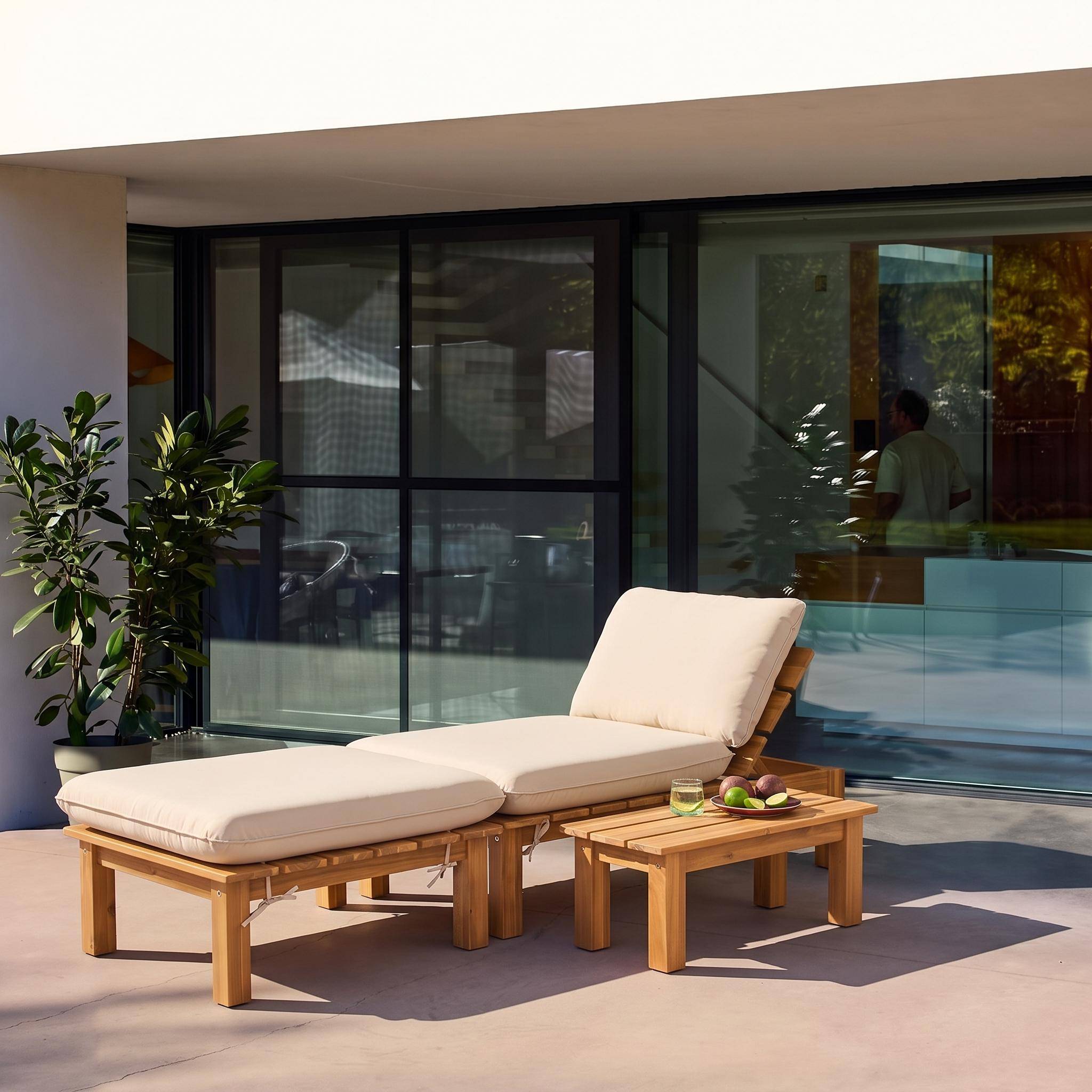 Conjunto tumbona modular de madera de acacia con múltiples posiciones y mesa, Mae, Natural, 65x70x27 cm,sweeek,Photo1