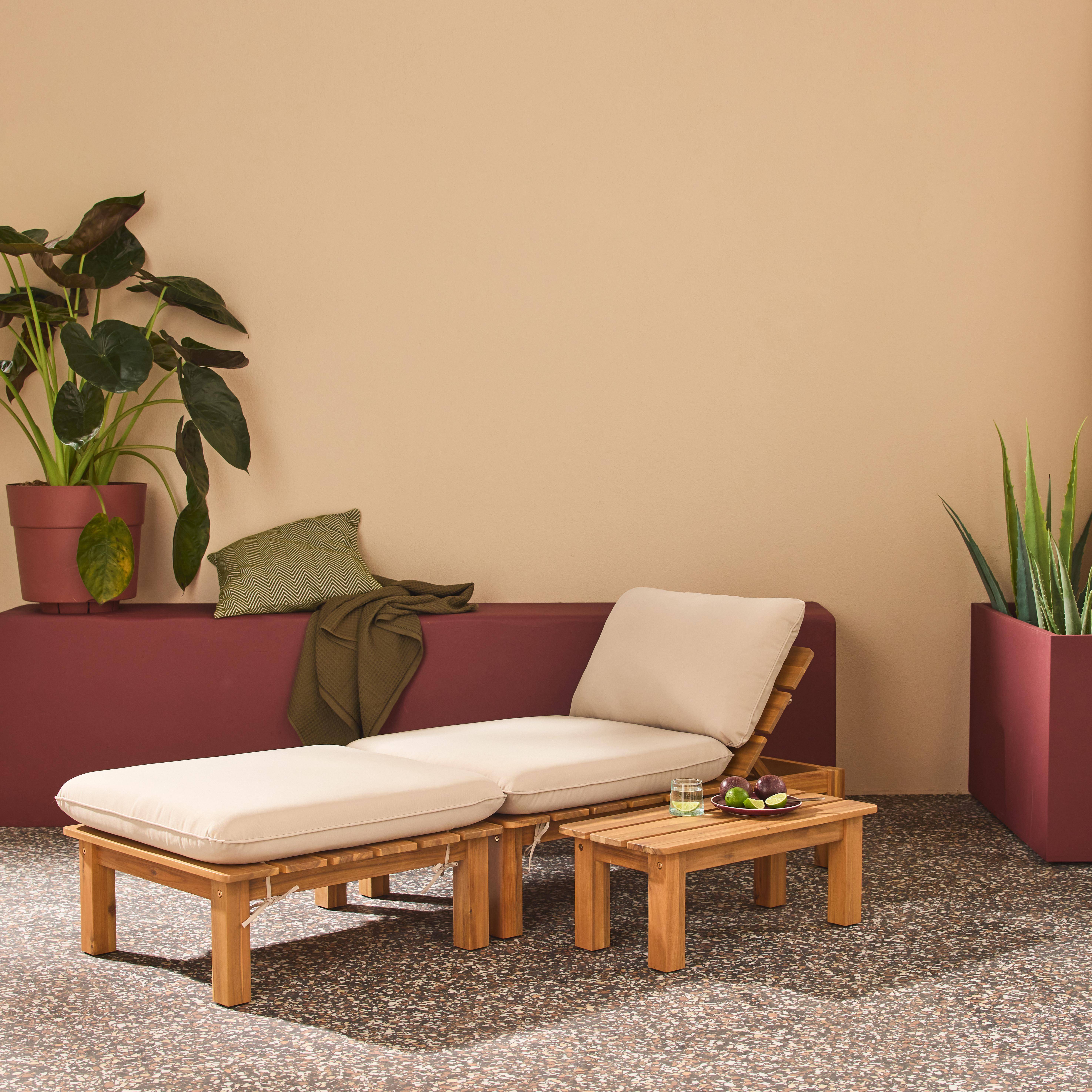 Modulaire verstelbare loungeset van acaciahout met tafeltje naturel - Mae Photo1