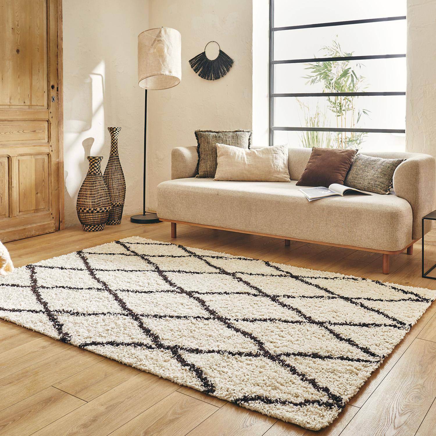 Alfombra interior shaggy, estilo bereber, blanca y negra, Robby, 290x200x3 cm Photo1
