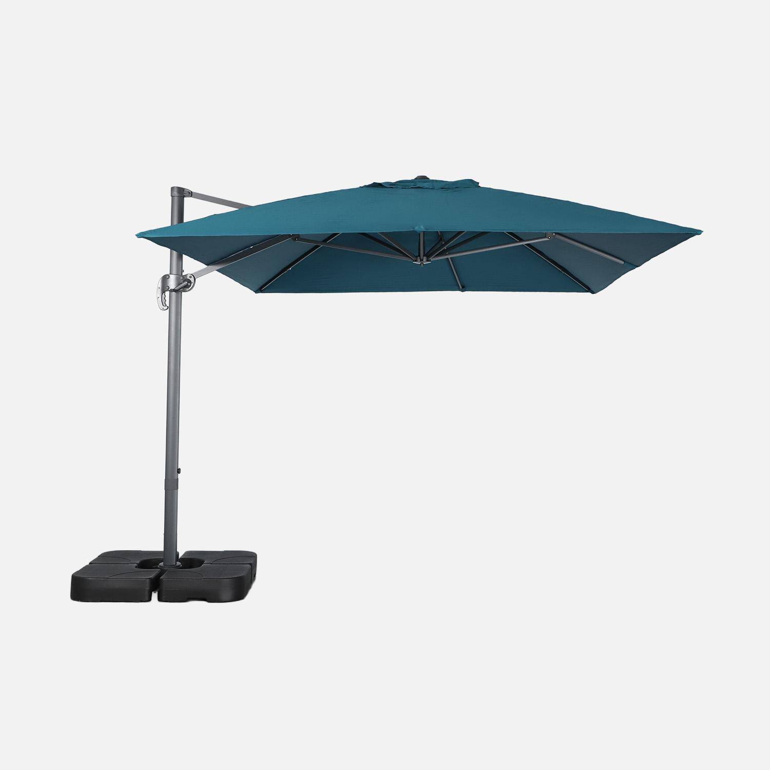 Parasol déporté rectangulaire 3x4m + dalles à lester 50x50cm bleu canard - Wimereux + Fixeo Photo2