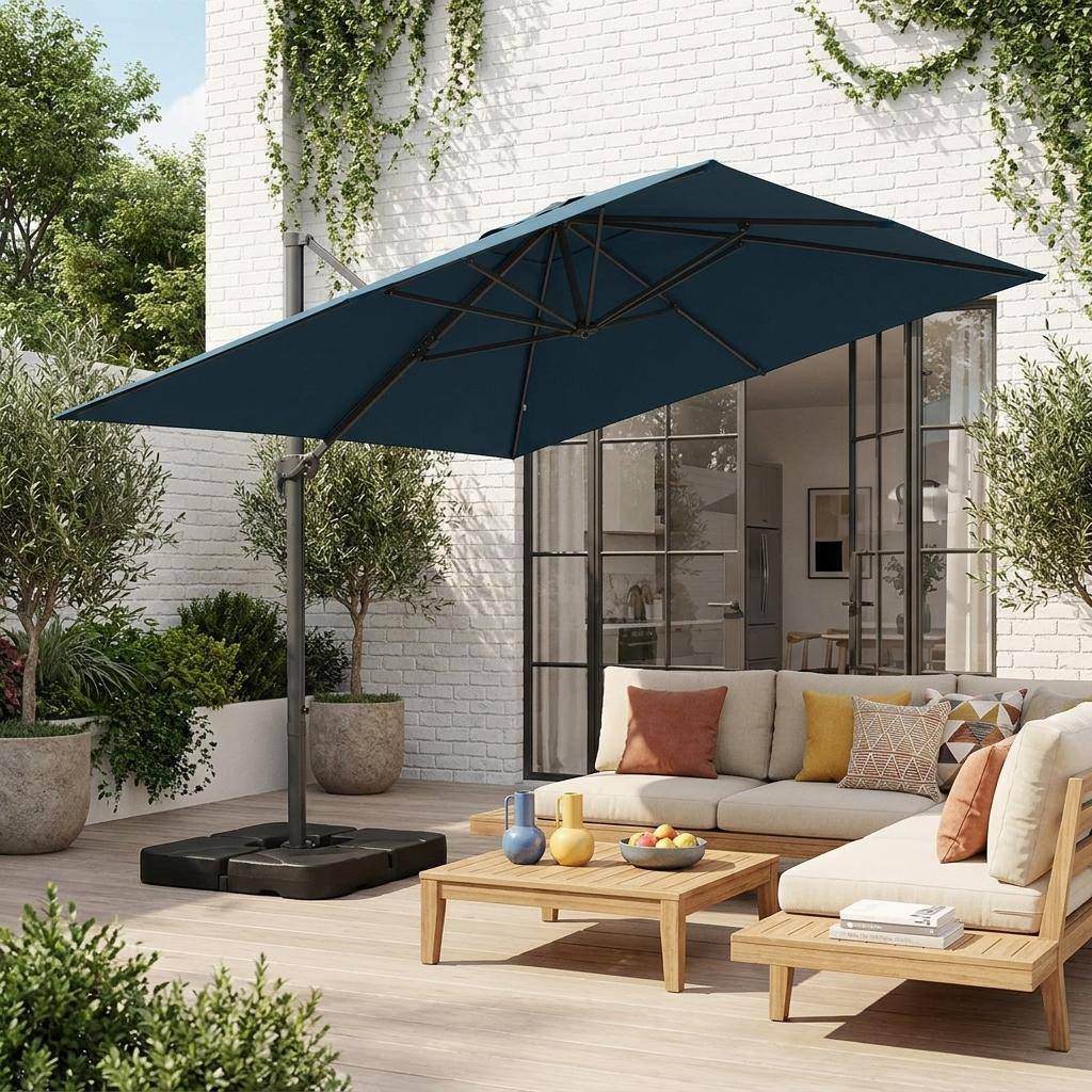 Rectangular cantilever parasol 3x4m + 50x50cm ballast slabs duck blue 380x259x286 cm - Wimereux + Slabs Photo1