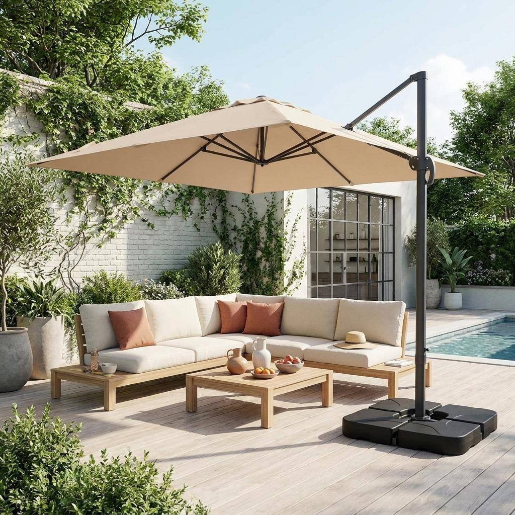 Rectangular cantilever parasol 3x4m + 50x50cm ballast slabs beige 380x259x286 cm - Wimereux + Slabs,sweeek,Photo1