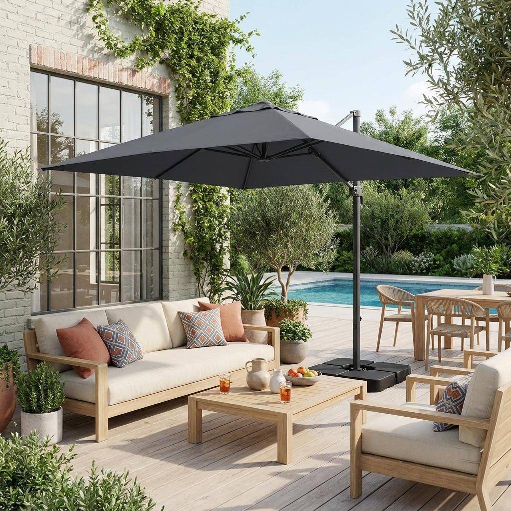 Rectangular cantilever parasol 3x4m + 50x50cm ballast slabs grey 380x259x286 cm - Wimereux + Slabs,sweeek,Photo1