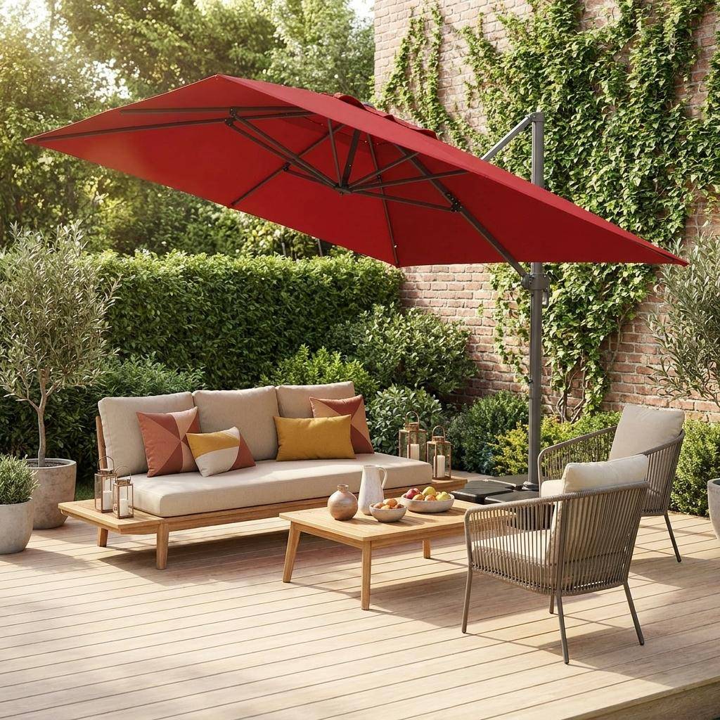 Rectangular cantilever parasol 3x4m + 50x50cm ballast slabs red 380x259x286 cm - Wimereux + Slabs Photo1