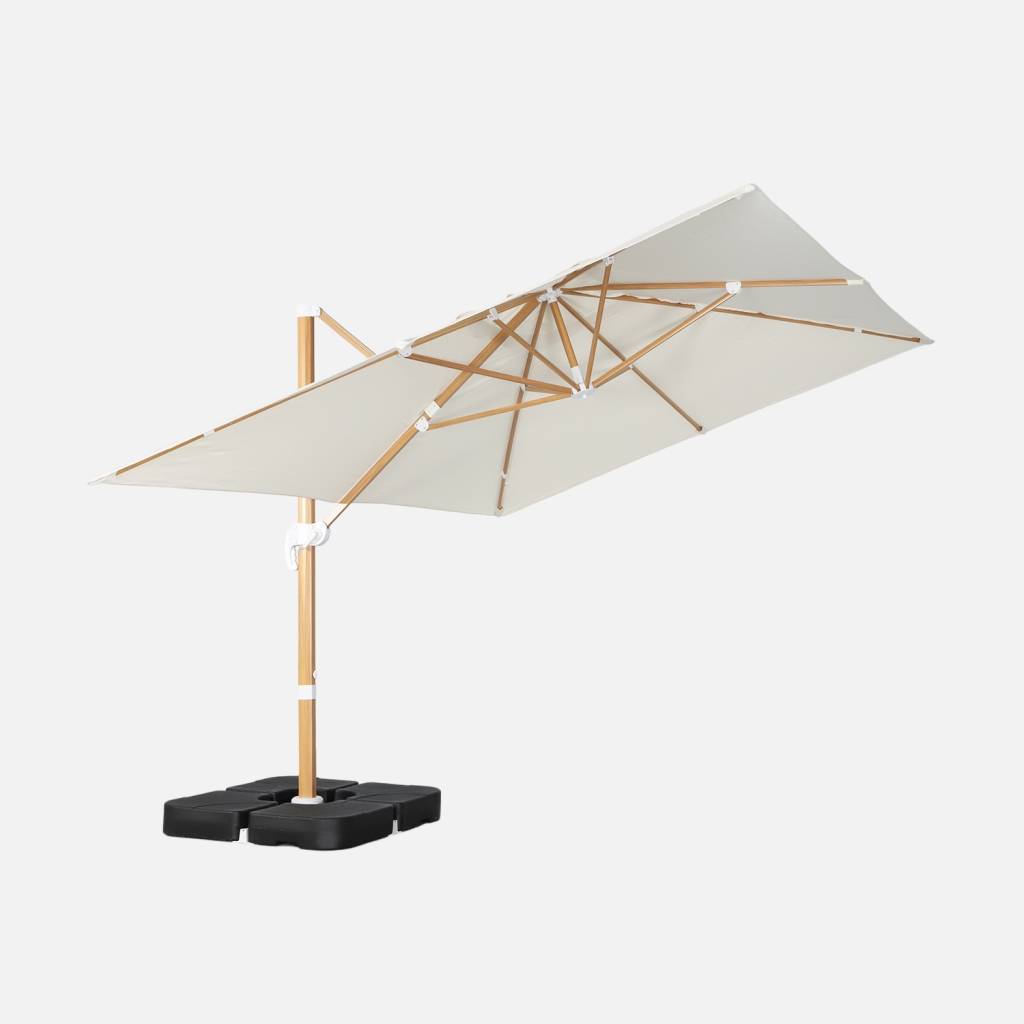 Parasol déporté 3x4m effet bois + base 50x50cm écru