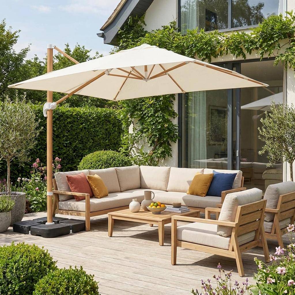 Rectangular cantilever parasol 3x4m, wood-effect mast + 50x50cm ballast slabs off-white 380x259x286 cm - Wimereux + Slabs Photo1