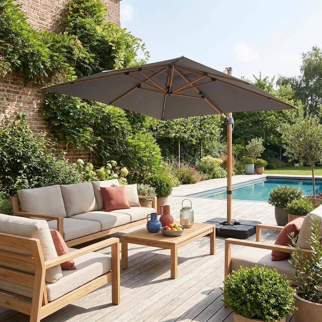 Rectangular cantilever parasol 3x4m, wood-effect mast + 50x50cm ballast slabs grey 380x259x286 cm - Wimereux + Slabs,sweeek,Photo1