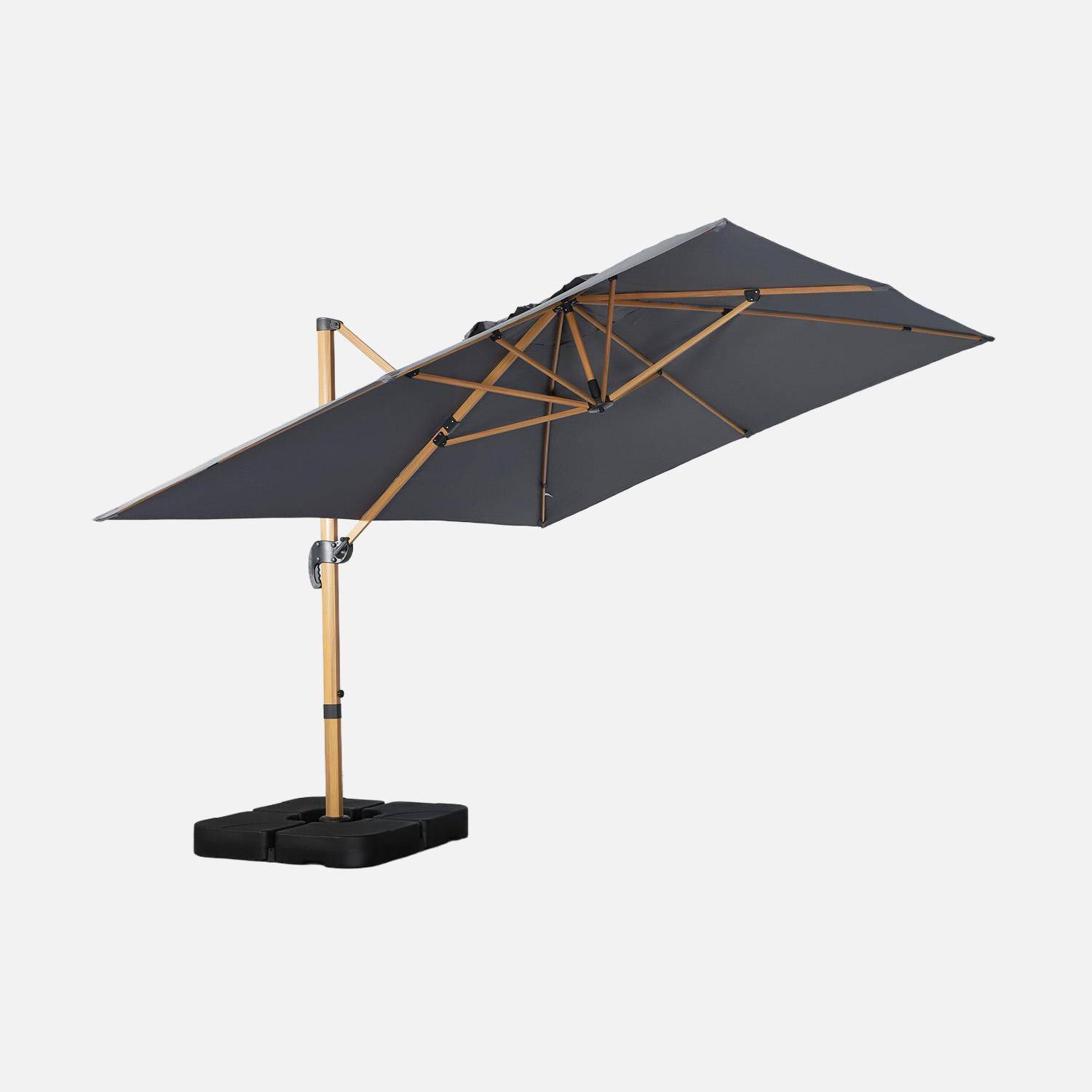 Rectangular cantilever parasol 3x4m, wood-effect mast + 50x50cm ballast slabs grey 380x259x286 cm - Wimereux + Slabs,sweeek,Photo2