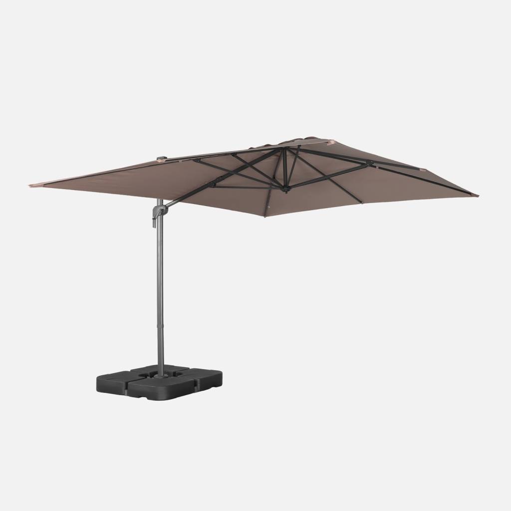 Parasol excéntrico rectangular 3x4m + losas para lastrar 50x50cm, Pardo