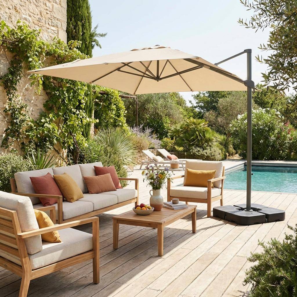 Prostokątny parasol z wysięgnikiem 3x4 m kolor ecru + obciążniki 50x50cm - Antibes Photo1