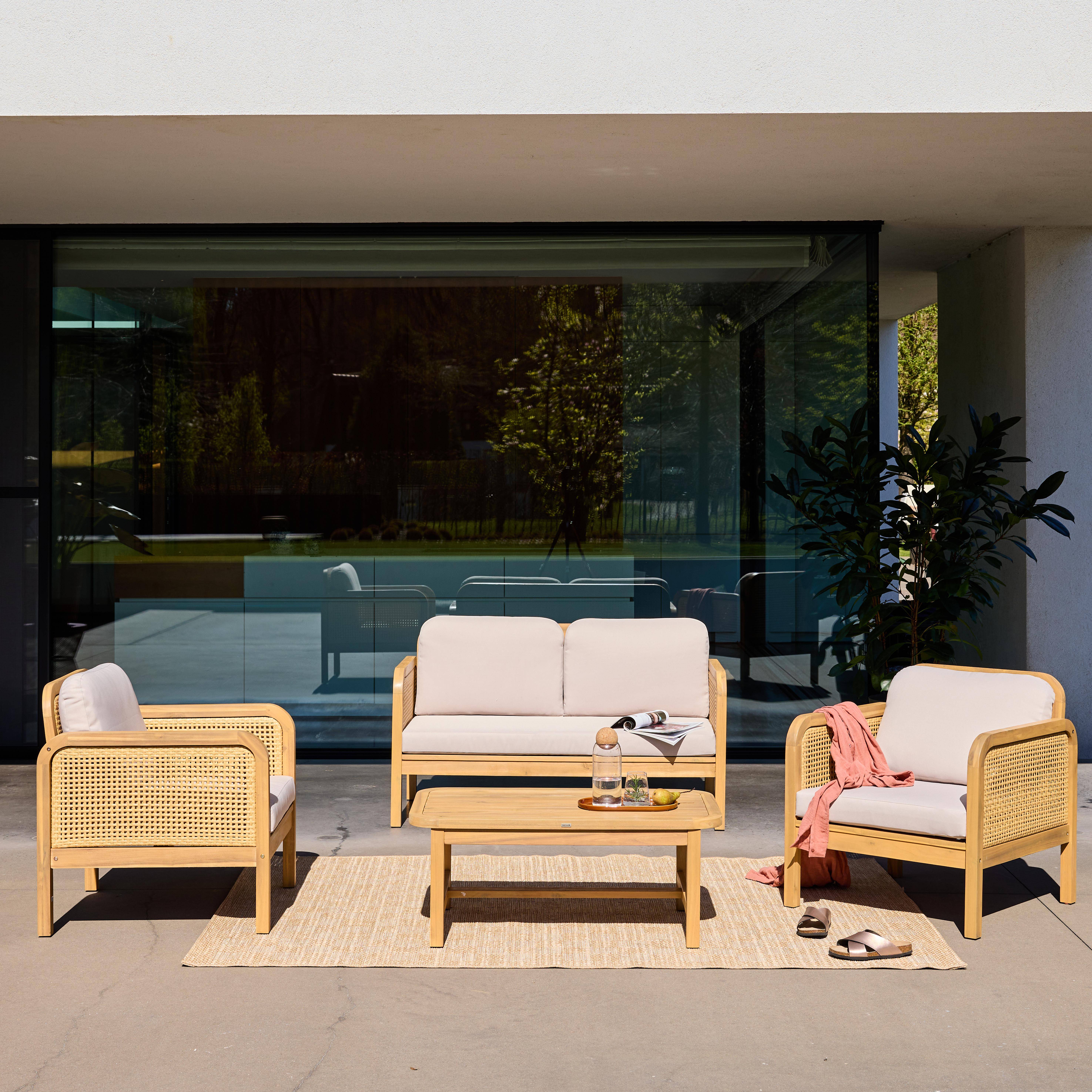 Conjunto de jardín de madera de acacia y rejilla, 4 plazas Natural - 132x71x76 cm,sweeek,Photo2