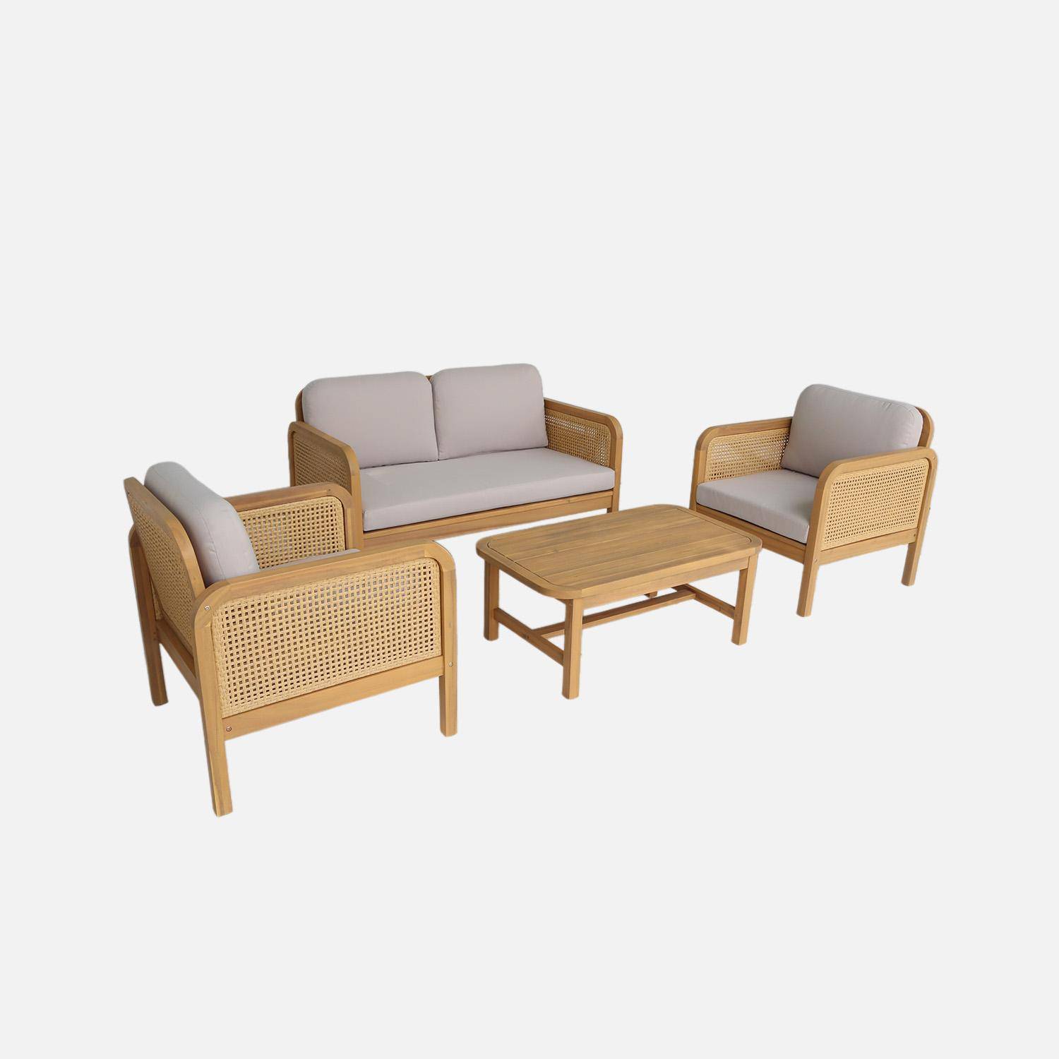 Salotto da giardino in legno di acacia e canna intrecciata, 4 posti Marrone naturale - 132x71x76 cm Photo1