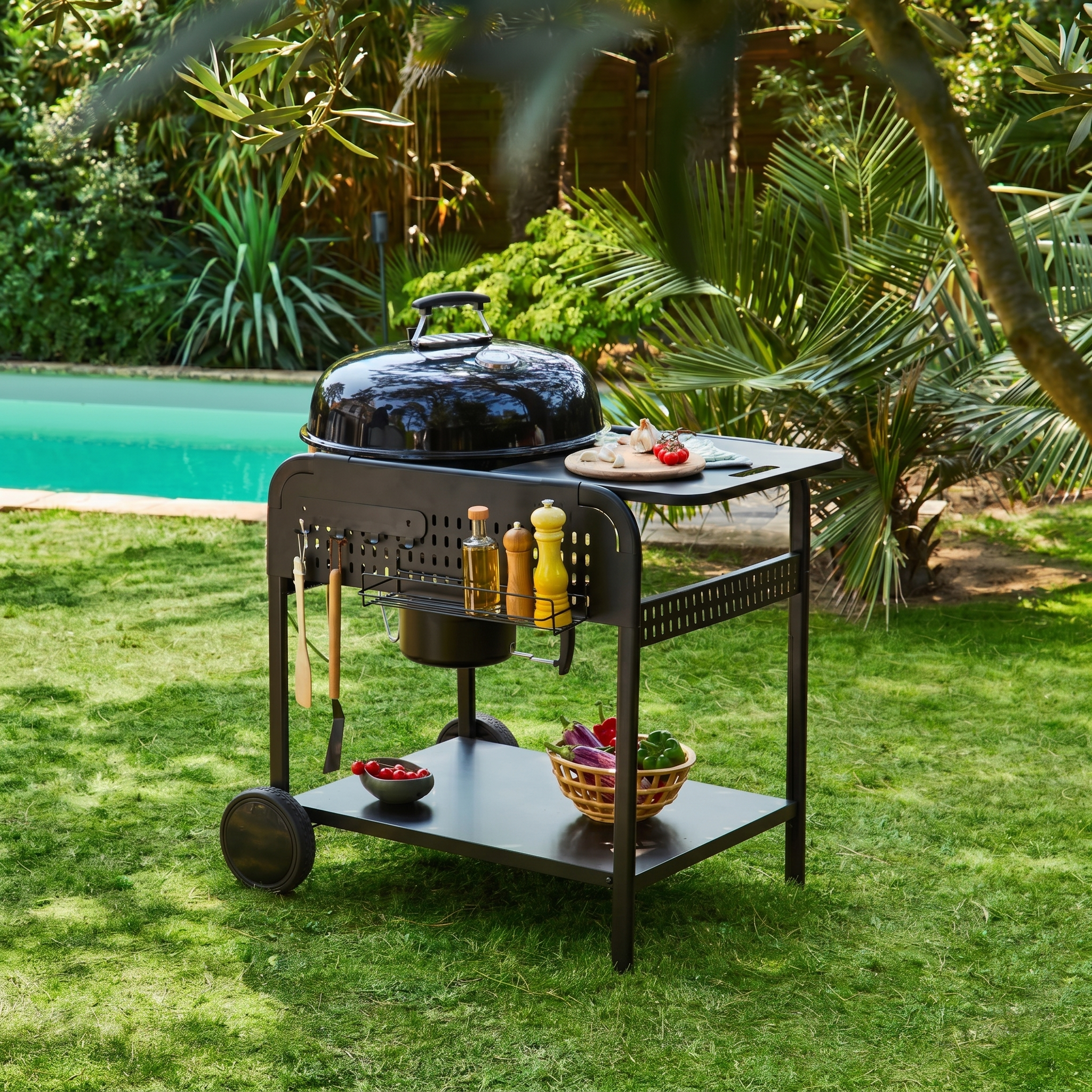 Okrągły grill węglowy z emaliowanej stali Ø53cm, czarny grill z wózkiem - Maurice Photo2