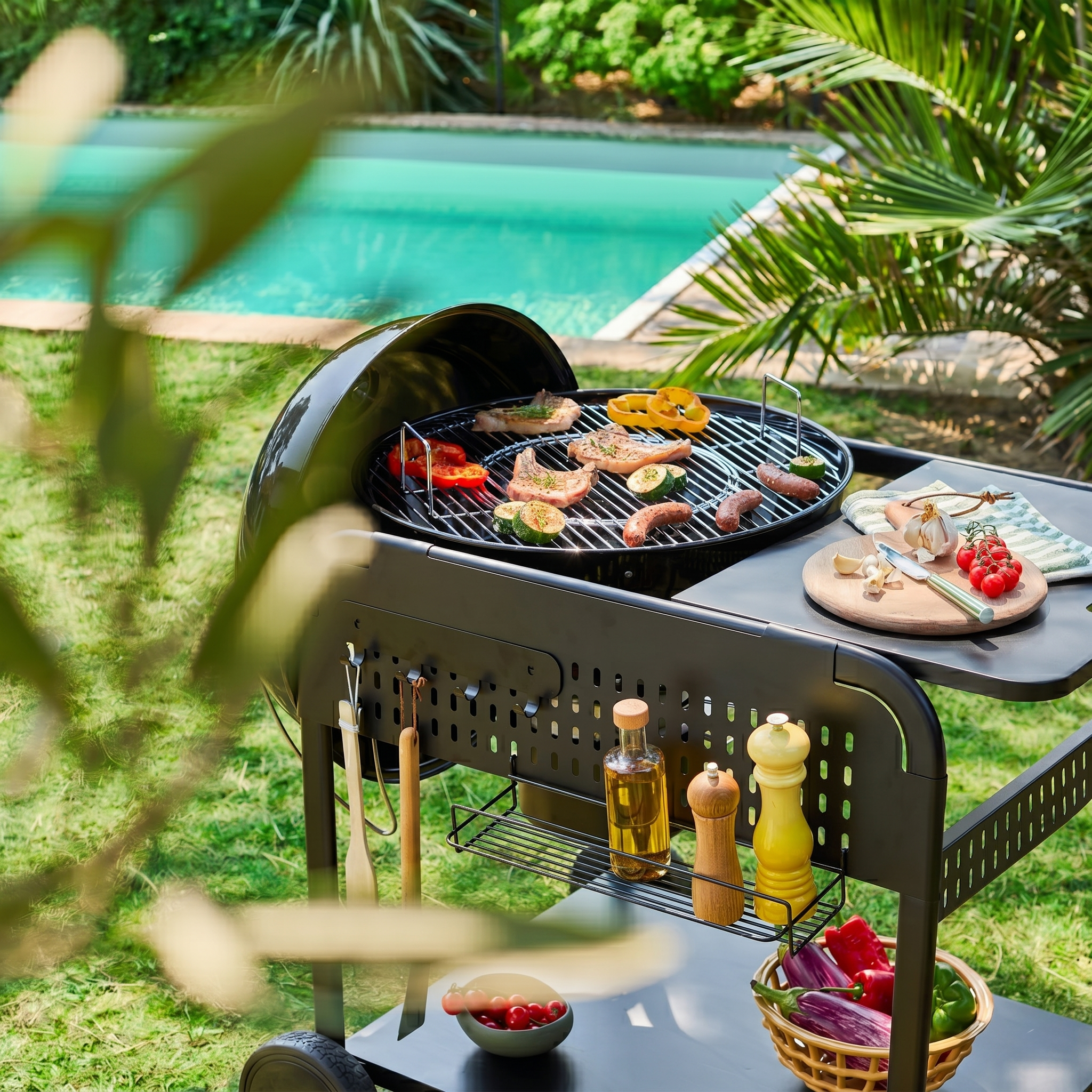 Okrągły grill węglowy z emaliowanej stali Ø53cm, czarny grill z wózkiem - Maurice,sweeek,Photo3
