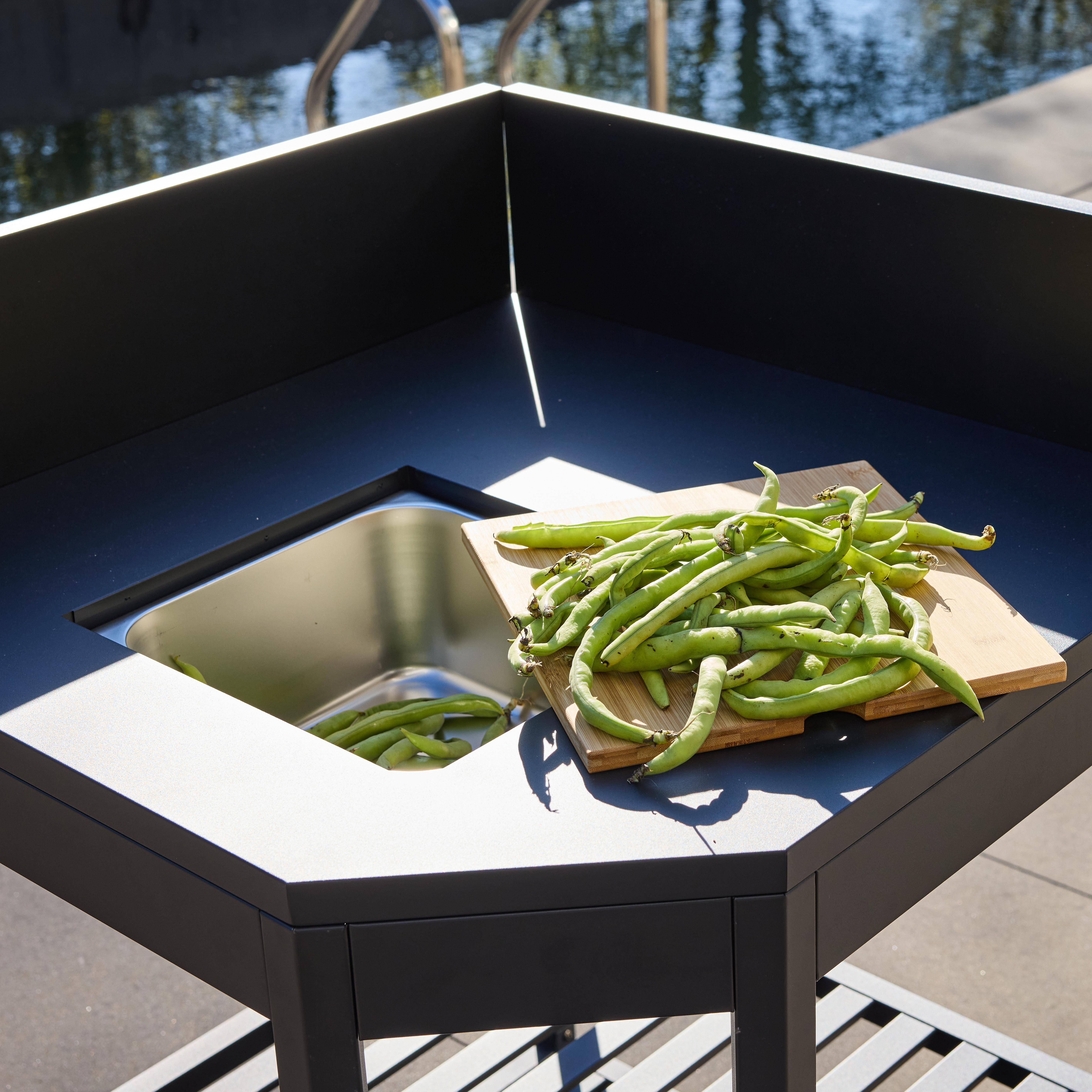 Módulo de canto para cozinha externa em aço com balde de gelo e tábua de madeira, 80cm Preto - 60x60x90 cm Photo2